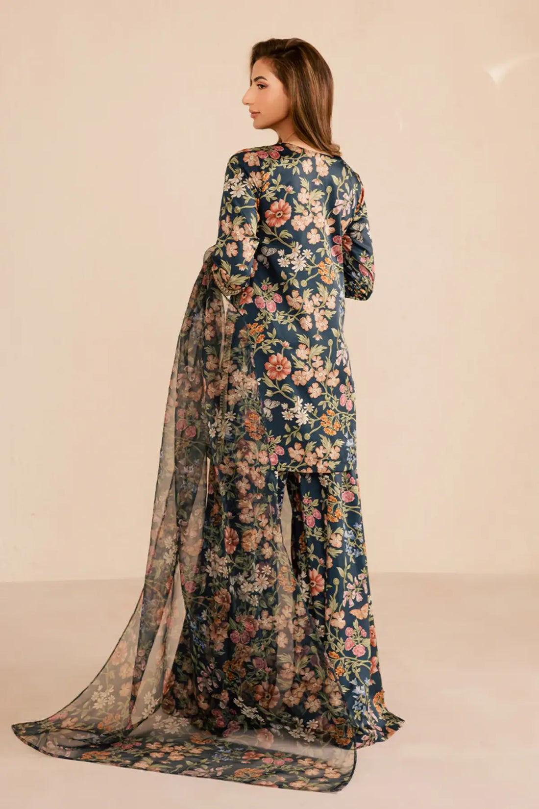 SL-16 floral silk printed 3-piece outfit with lightweight printed organza dupatta for festive and formal wear