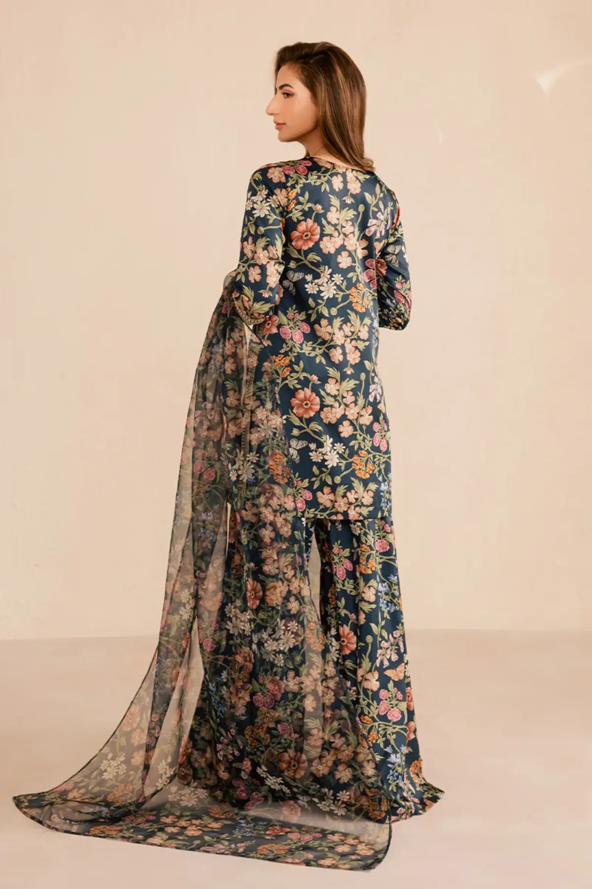 SL-16 floral silk printed 3-piece outfit with lightweight printed organza dupatta for festive and formal wear