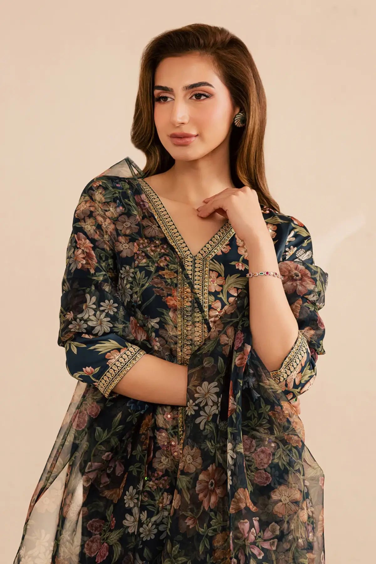 SL-16 floral silk printed 3-piece outfit with lightweight printed organza dupatta for festive and formal wear