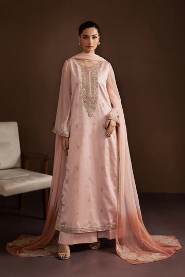 SL-17 muted pink silk embroidered Eid 3-piece dress with two-tone chiffon dupatta for festive wear