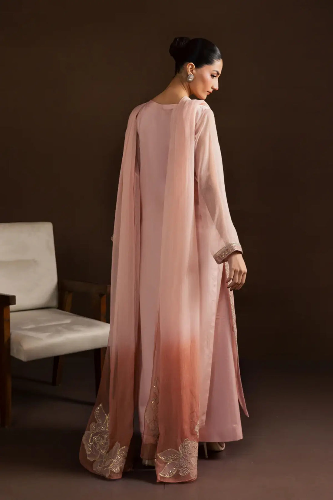 SL-17 muted pink silk embroidered Eid 3-piece dress with two-tone chiffon dupatta for festive wear