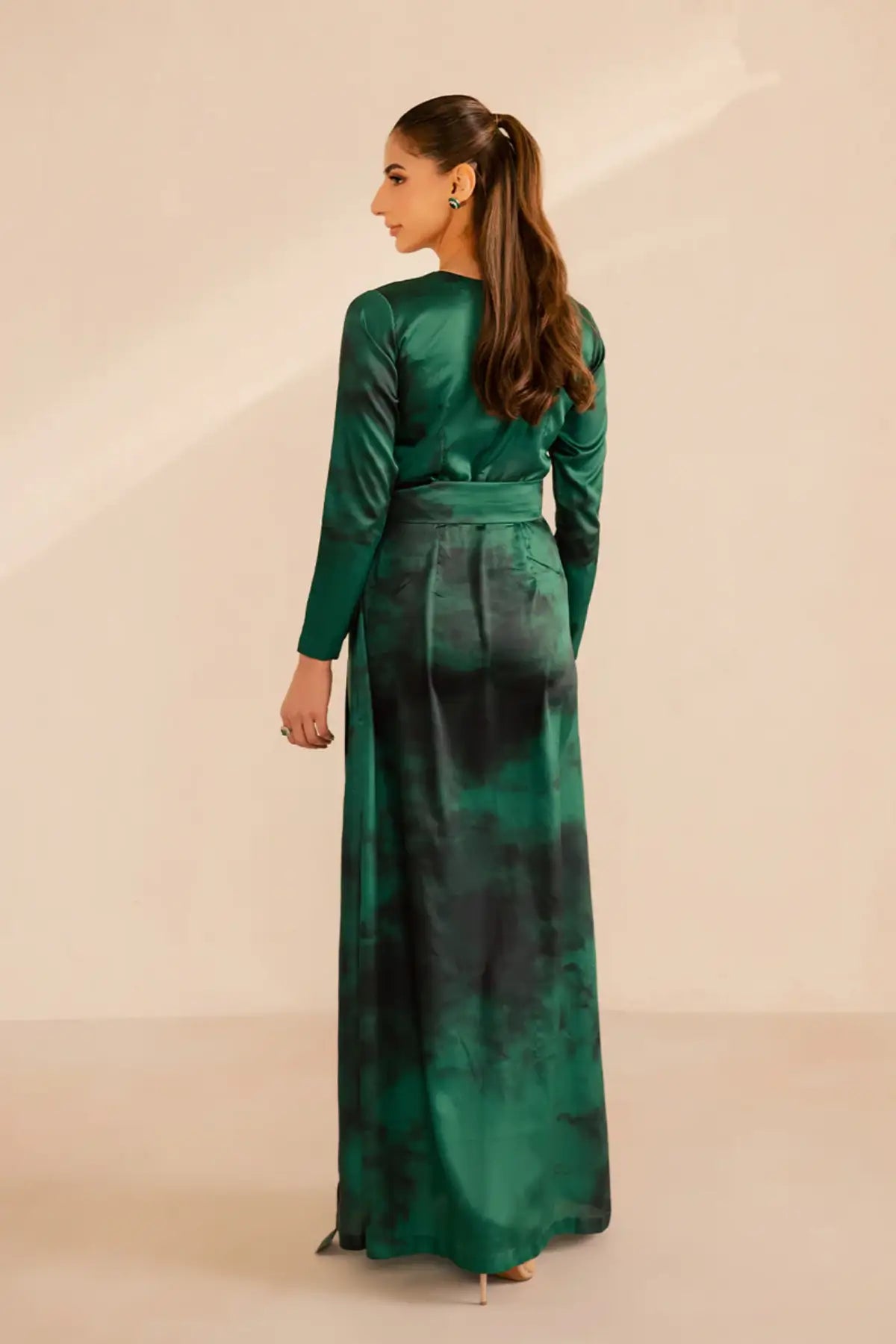 SL-18 emerald silk tie-dye maxi dress with embroidered bodice and modern western silhouette for formal wear