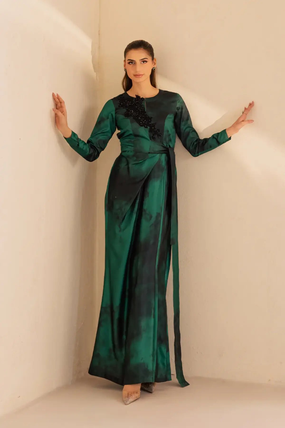 SL-18 emerald silk tie-dye maxi dress with embroidered bodice and modern western silhouette for formal wear