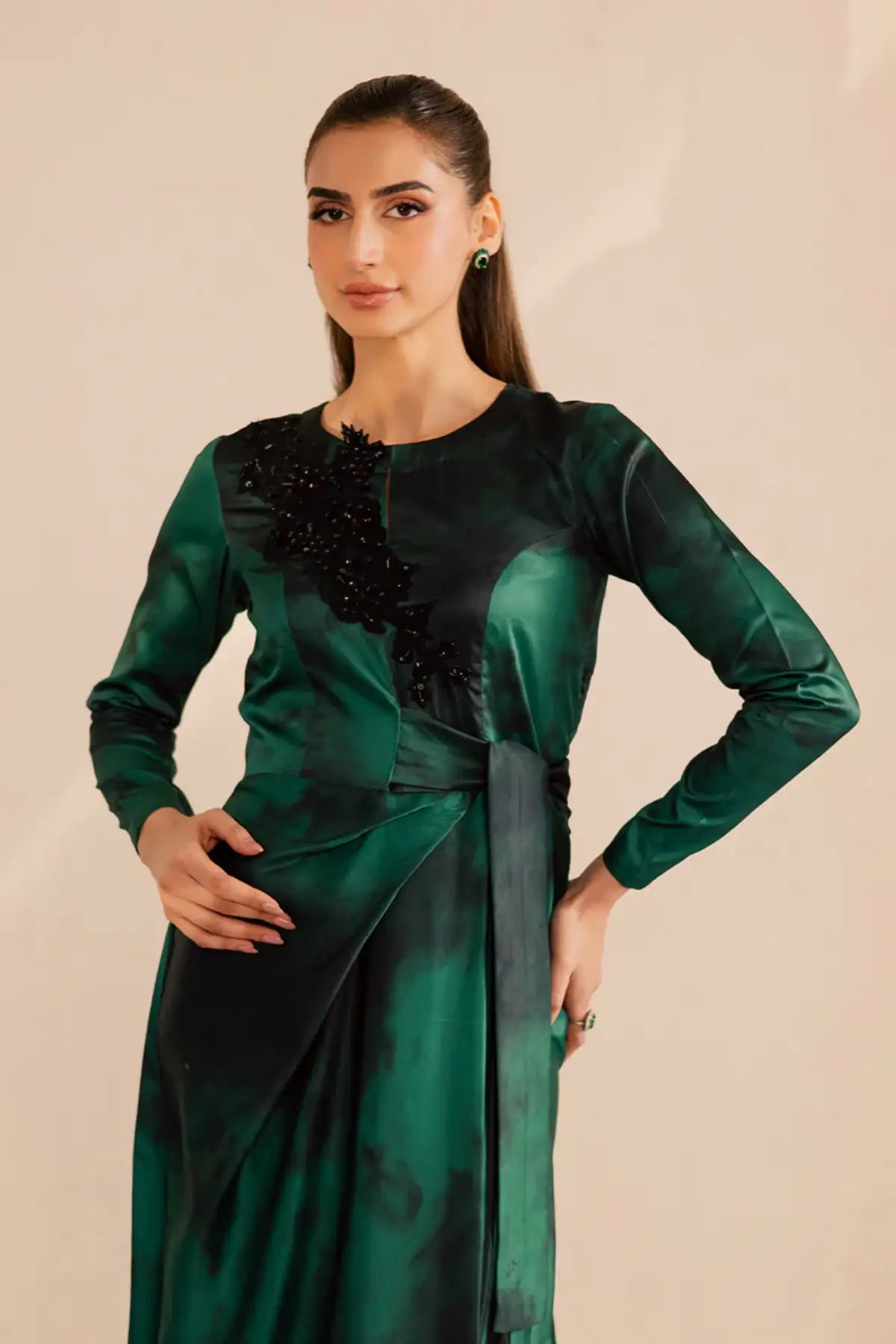SL-18 emerald silk tie-dye maxi dress with embroidered bodice and modern western silhouette for formal wear
