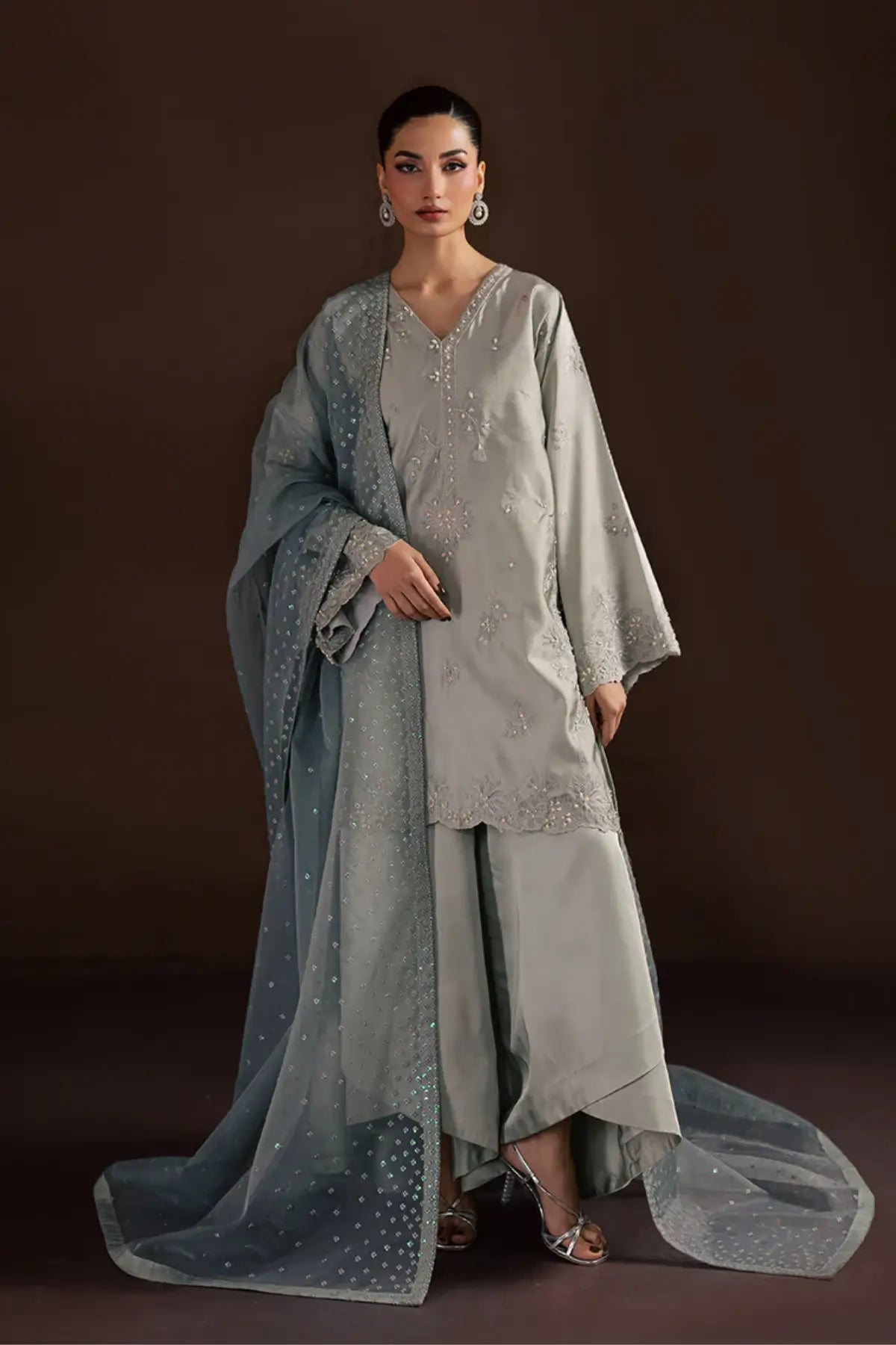 SL-19 grey shamoos silk formal suit with embroidered shirt, wide-leg trousers and sheer organza dupatta