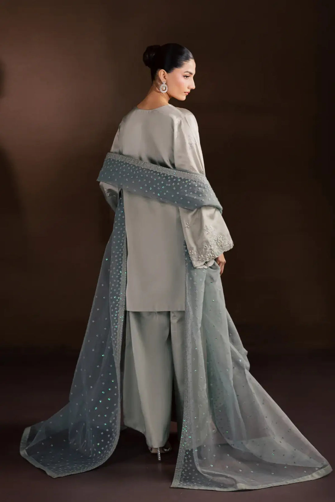 SL-19 grey shamoos silk formal suit with embroidered shirt, wide-leg trousers and sheer organza dupatta