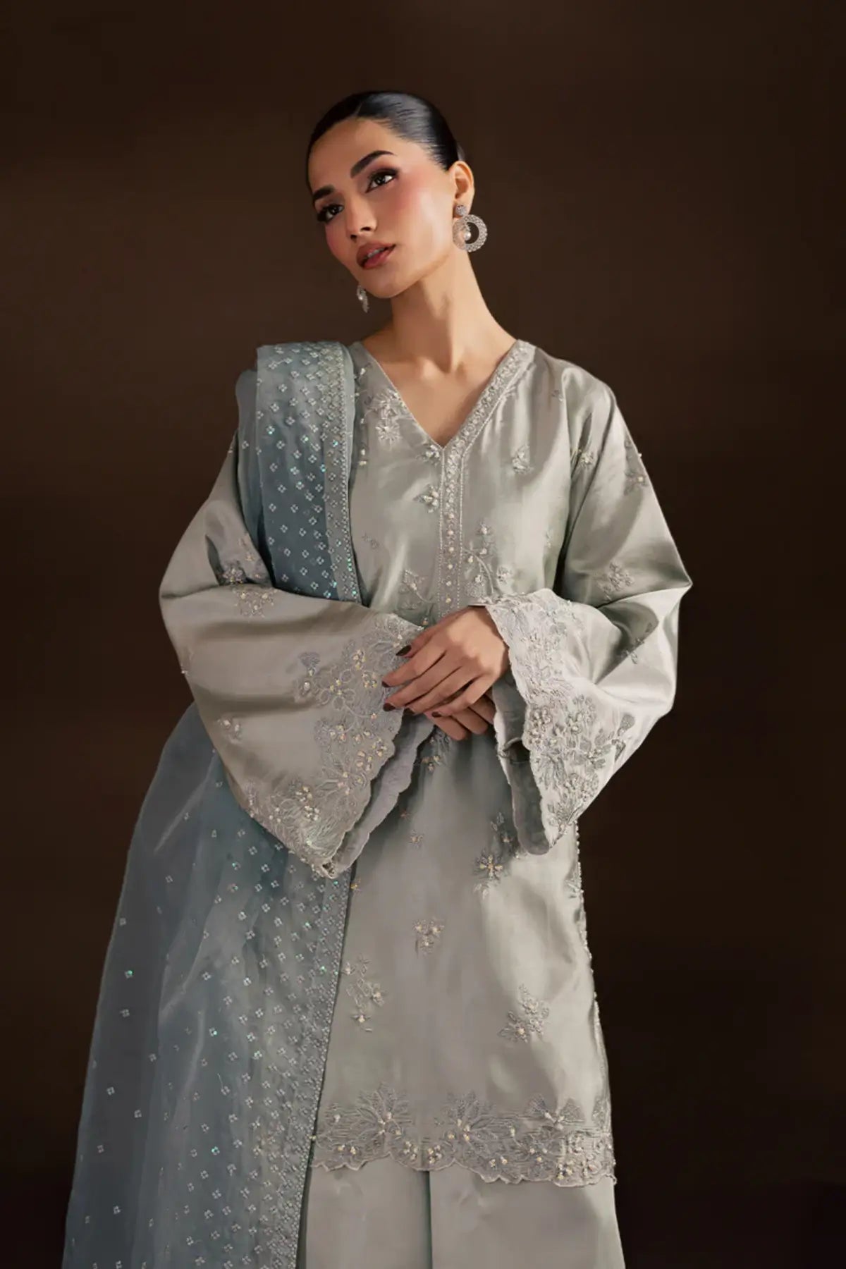 SL-19 grey shamoos silk formal suit with embroidered shirt, wide-leg trousers and sheer organza dupatta