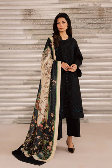 SL-21 black silk embroidered Eid 2026 suit with premium silk fabric and printed silk dupatta for elegant festive wear