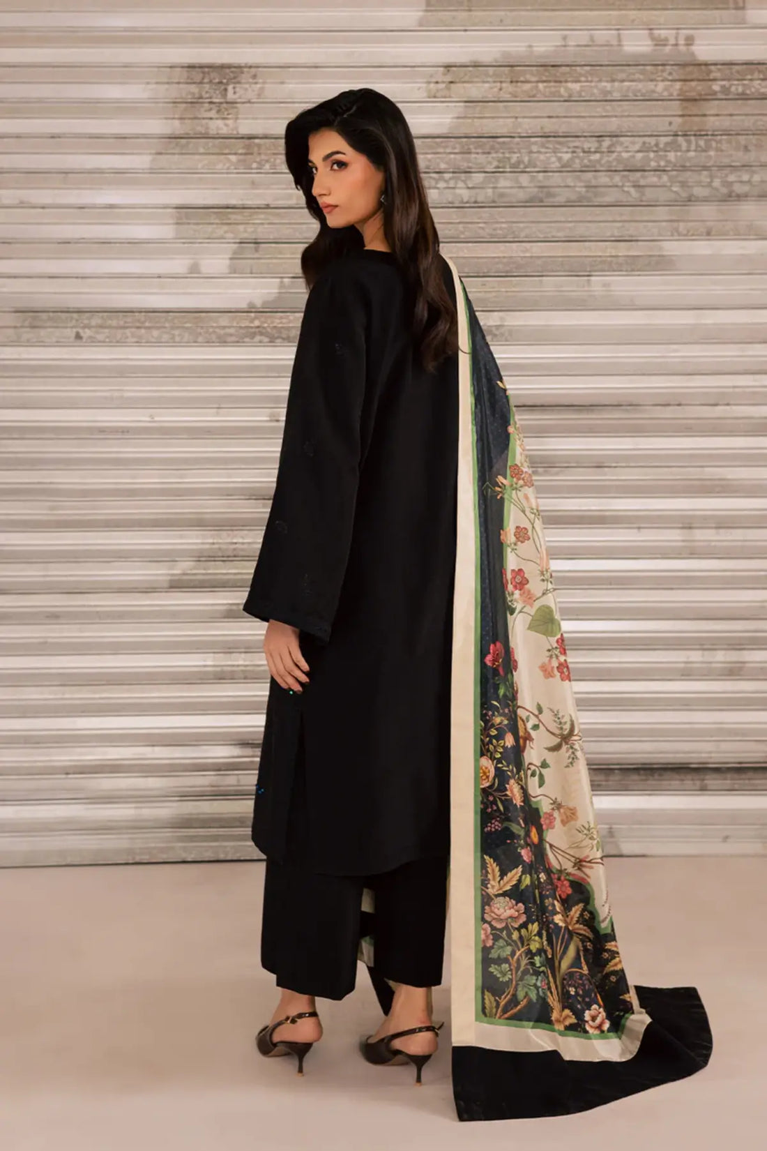 SL-21 black silk embroidered Eid 2026 suit with premium silk fabric and printed silk dupatta for elegant festive wear