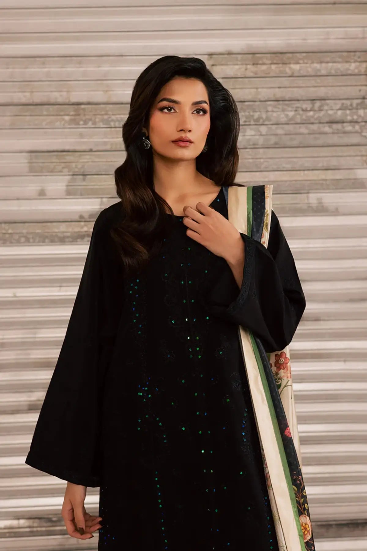 SL-21 black silk embroidered Eid 2026 suit with premium silk fabric and printed silk dupatta for elegant festive wear
