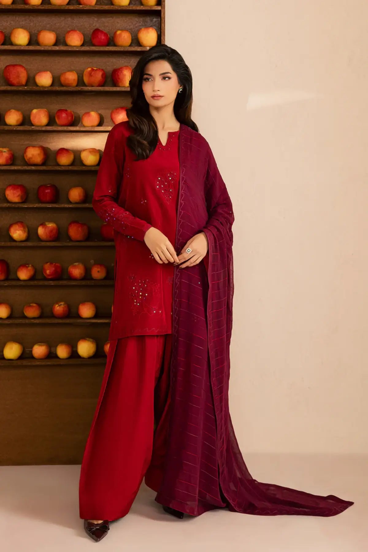 SL-22 rich red premium silk shalwar kameez with embroidered chiffon dupatta for festive and formal wear