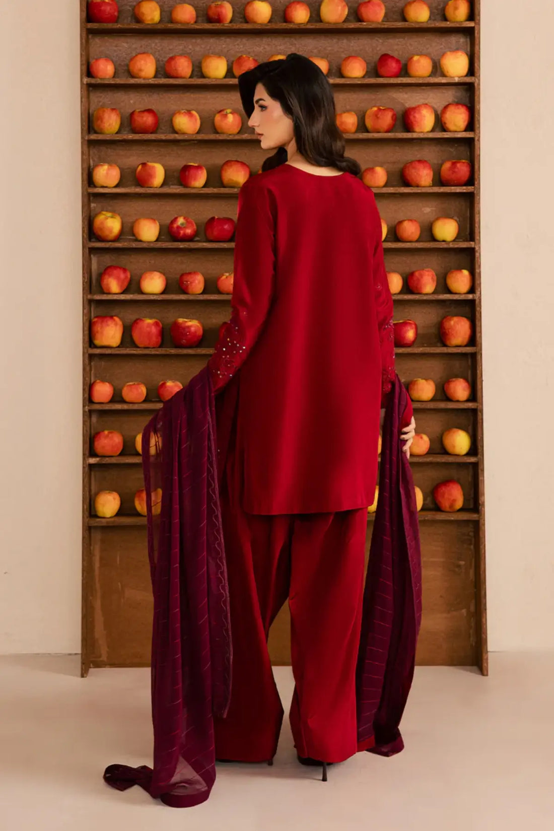 SL-22 rich red premium silk shalwar kameez with embroidered chiffon dupatta for festive and formal wear