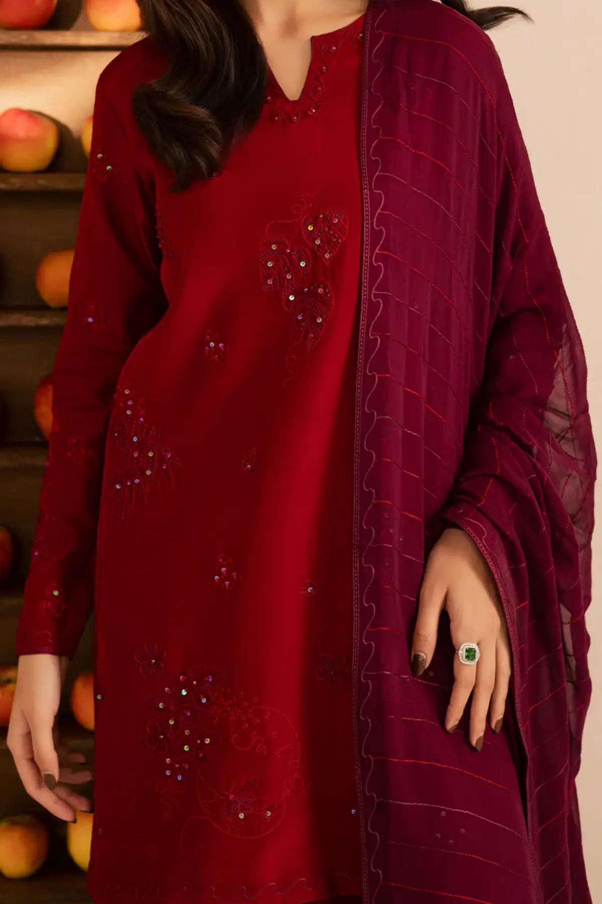 SL-22 rich red premium silk shalwar kameez with embroidered chiffon dupatta for festive and formal wear