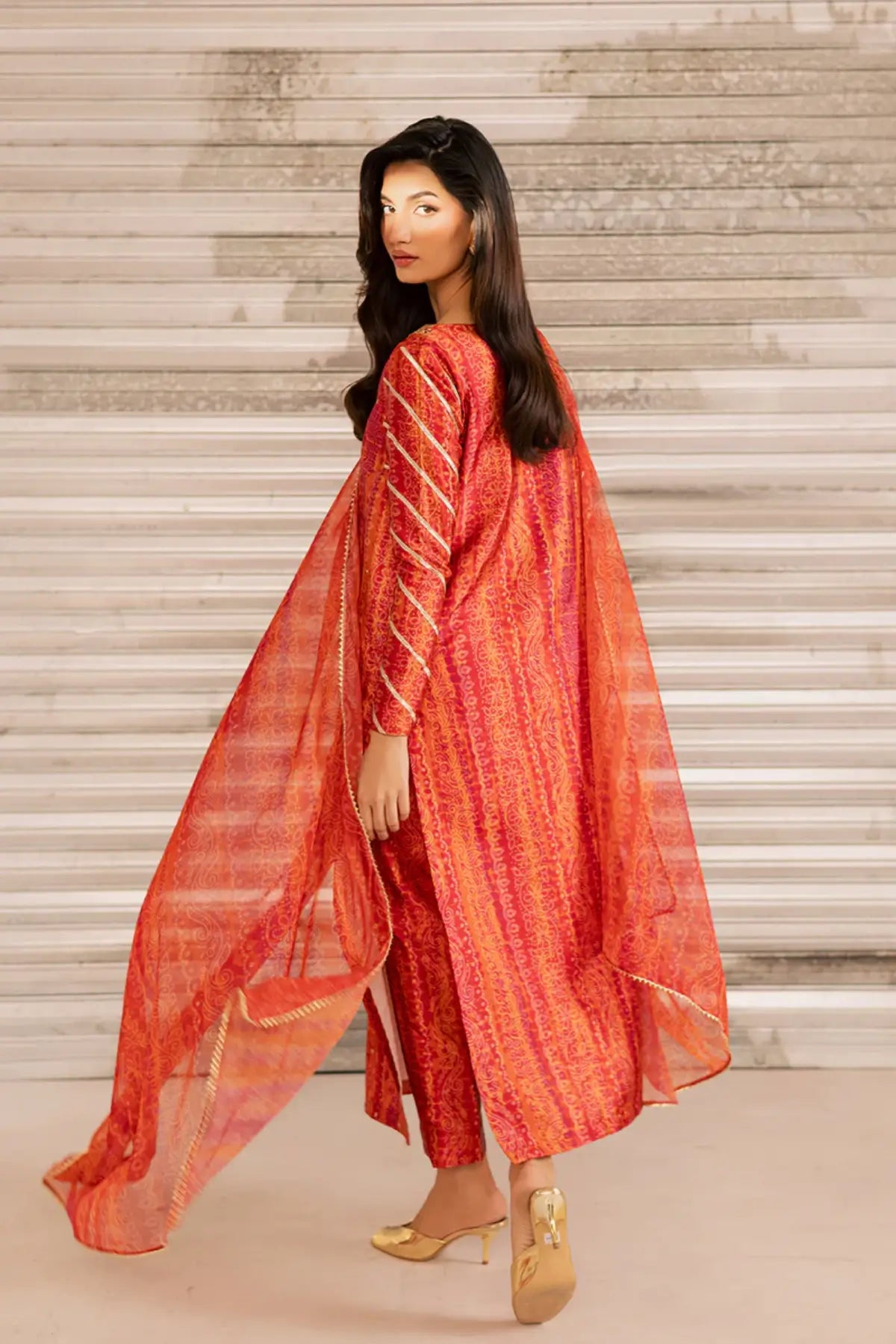 SL-23 rich red charmeuse silk embroidered straight-cut dress with cigarette pants and chiffon dupatta for festive wear