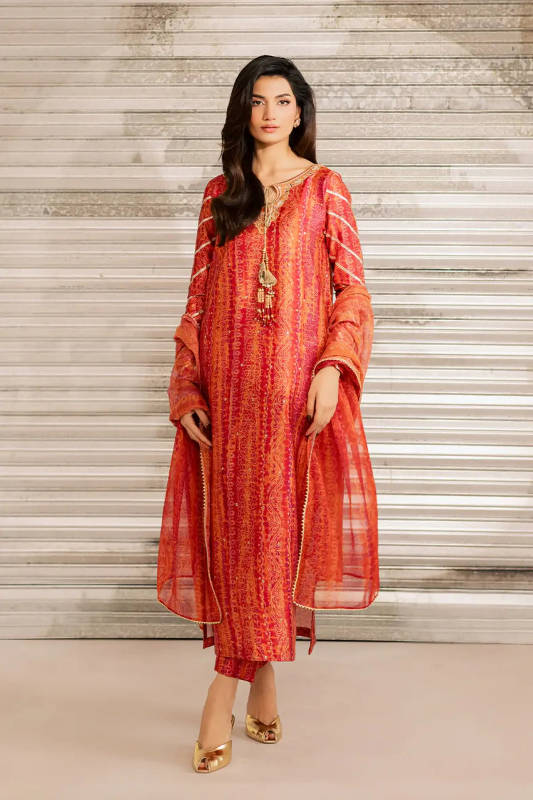 SL-23 rich red charmeuse silk embroidered straight-cut dress with cigarette pants and chiffon dupatta for festive wear