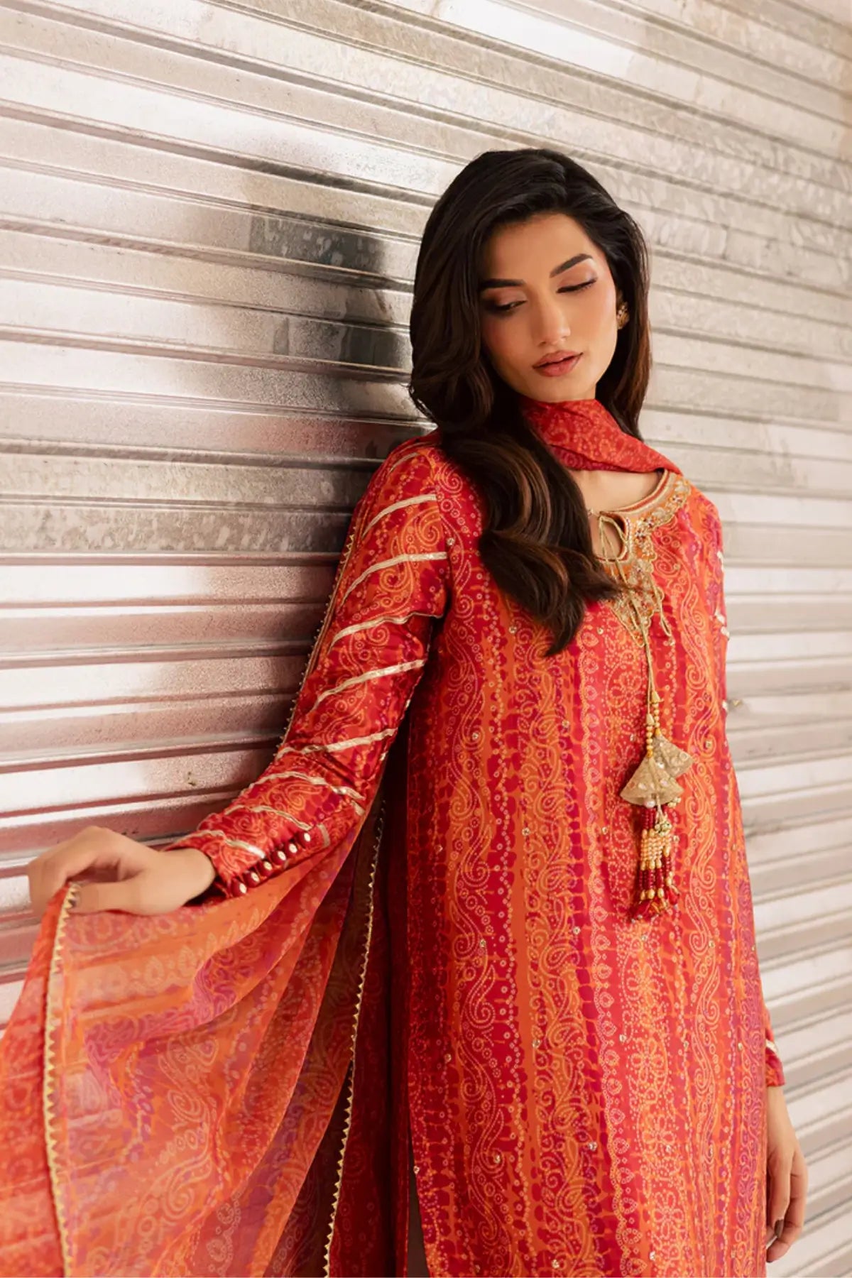 SL-23 rich red charmeuse silk embroidered straight-cut dress with cigarette pants and chiffon dupatta for festive wear