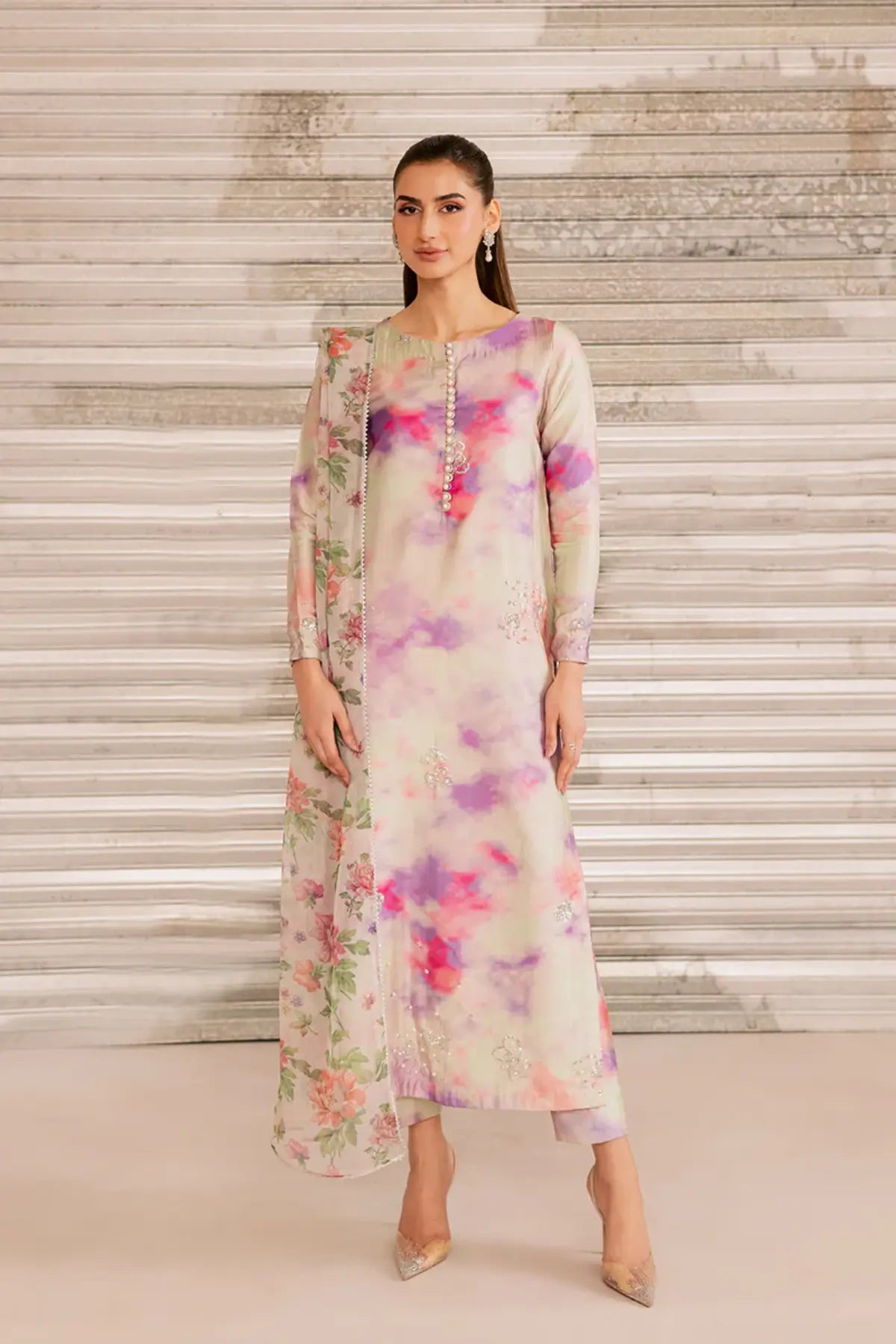 SL-24 pastel luxury pret silk outfit with embroidered neckline, tassel detail, chiffon dupatta and printed cigarette pants