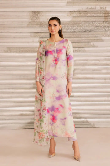 SL-24 pastel luxury pret silk outfit with embroidered neckline, tassel detail, chiffon dupatta and printed cigarette pants