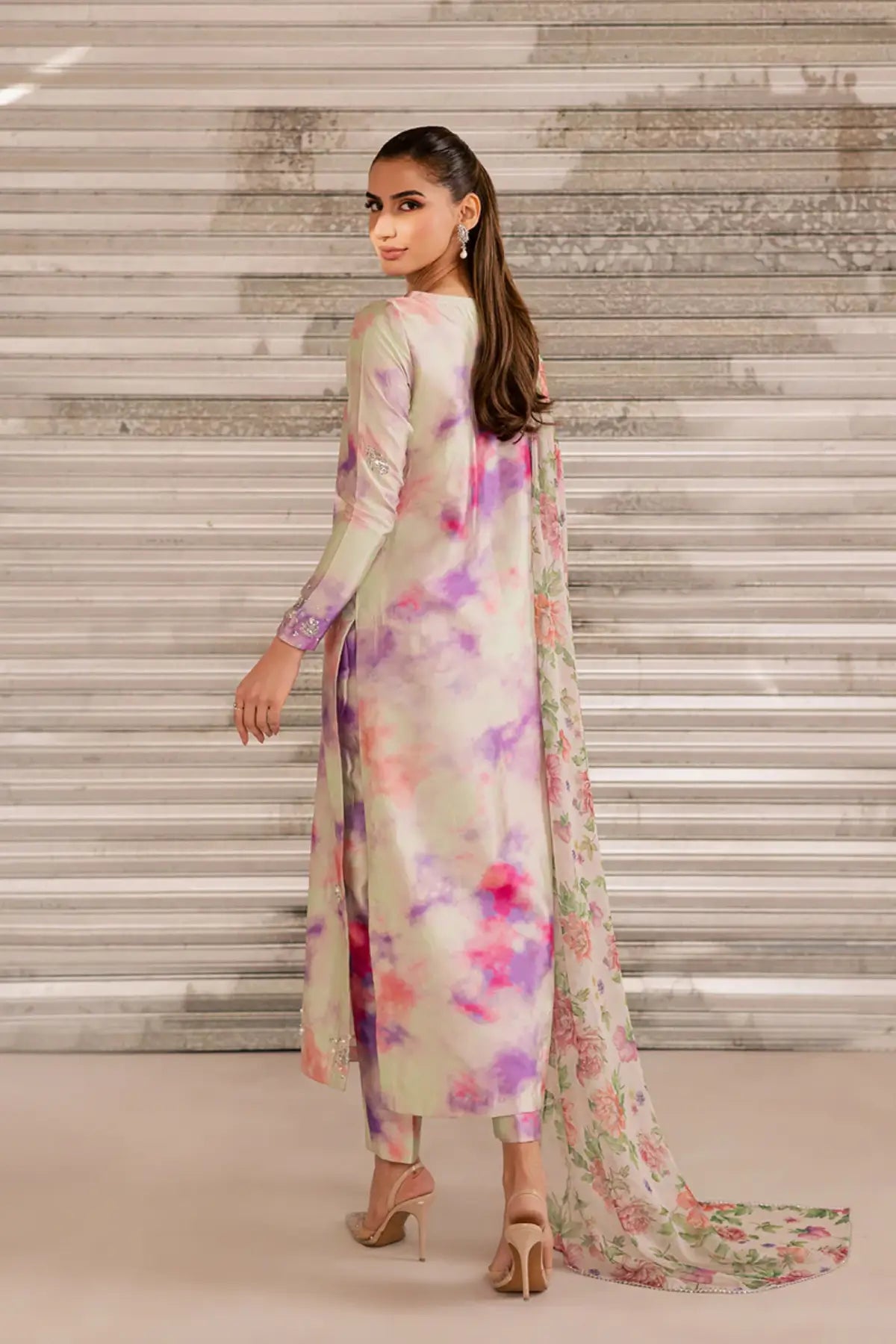 SL-24 pastel luxury pret silk outfit with embroidered neckline, tassel detail, chiffon dupatta and printed cigarette pants