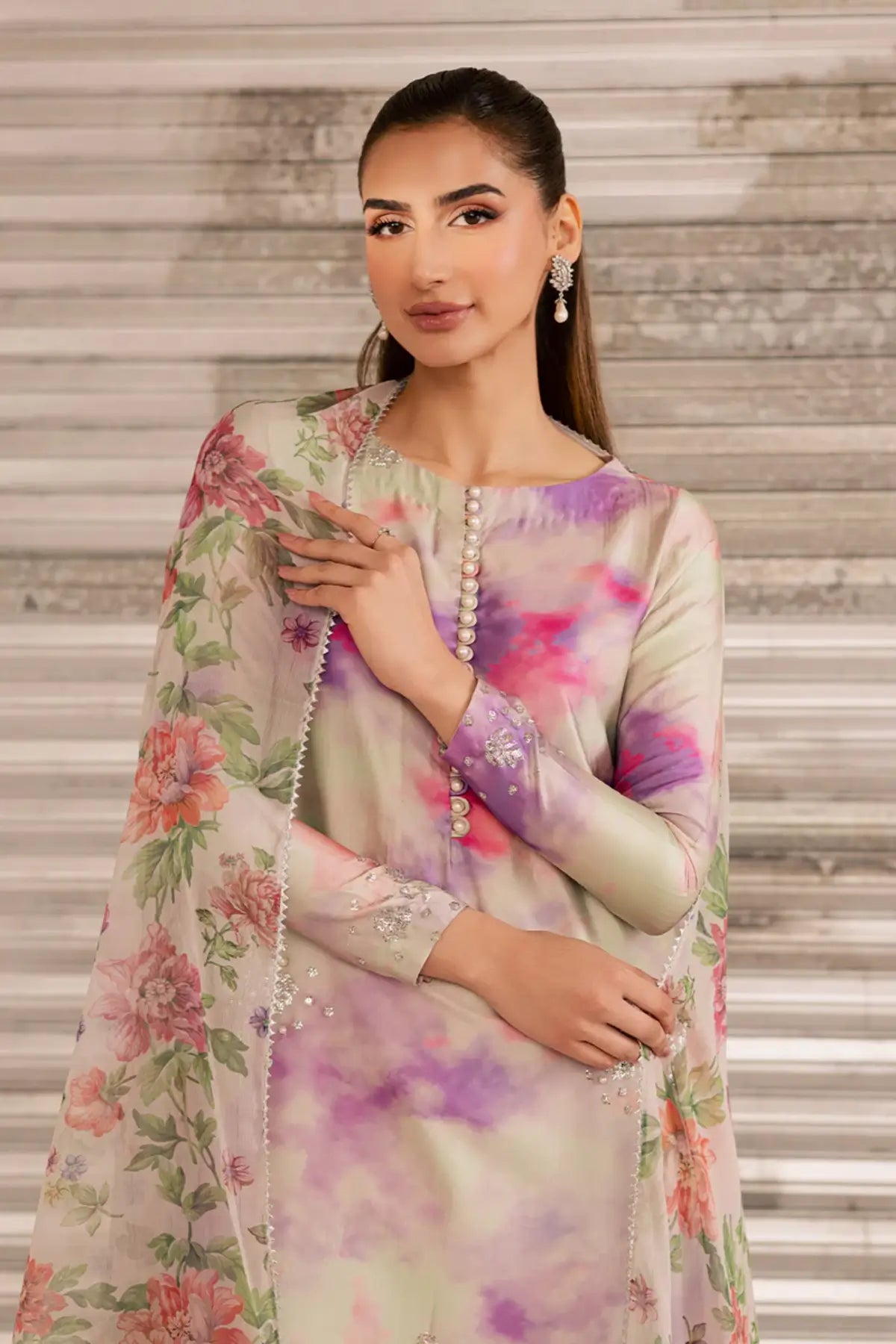 SL-24 pastel luxury pret silk outfit with embroidered neckline, tassel detail, chiffon dupatta and printed cigarette pants