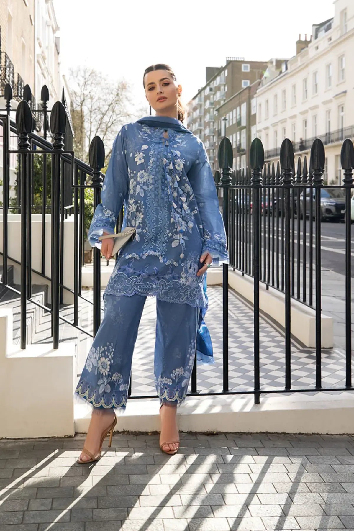 SNP26-1A blue lawn stitched 3 piece suit with printed chiffon dupatta by Sobia Nazir for Eid summer