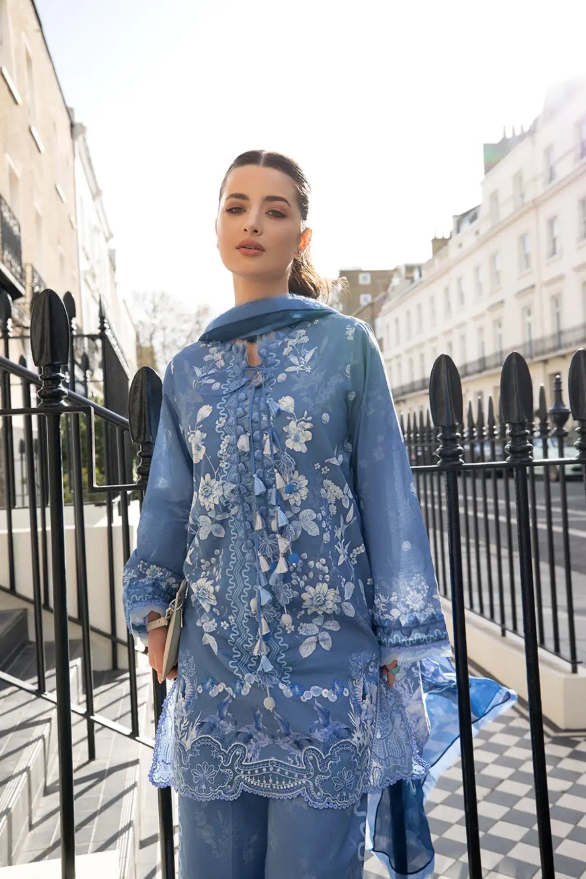 SNP26-1A blue lawn stitched 3 piece suit with printed chiffon dupatta by Sobia Nazir for Eid summer