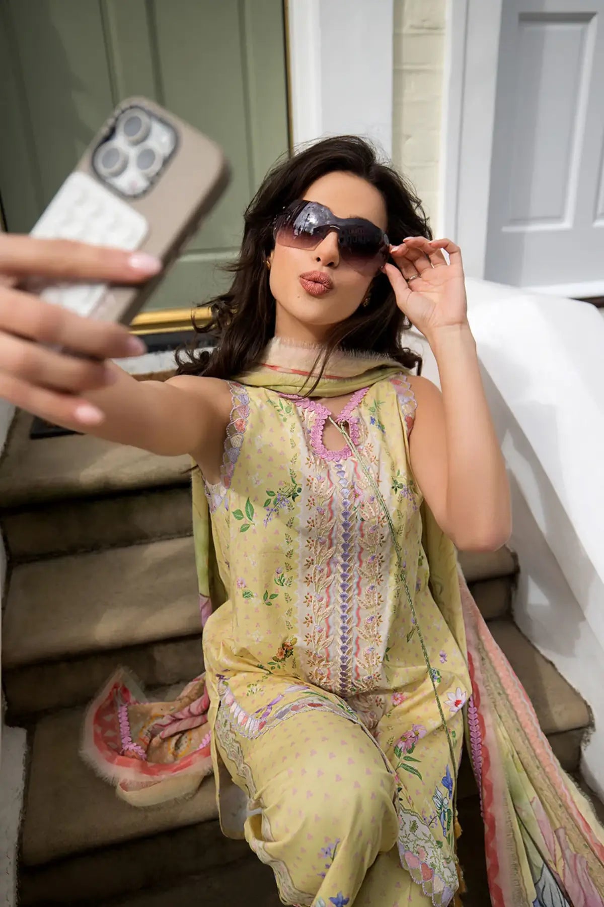 SNP26-2B lime yellow embroidered lawn stitched 3 piece suit with chiffon dupatta by Sobia Nazir
