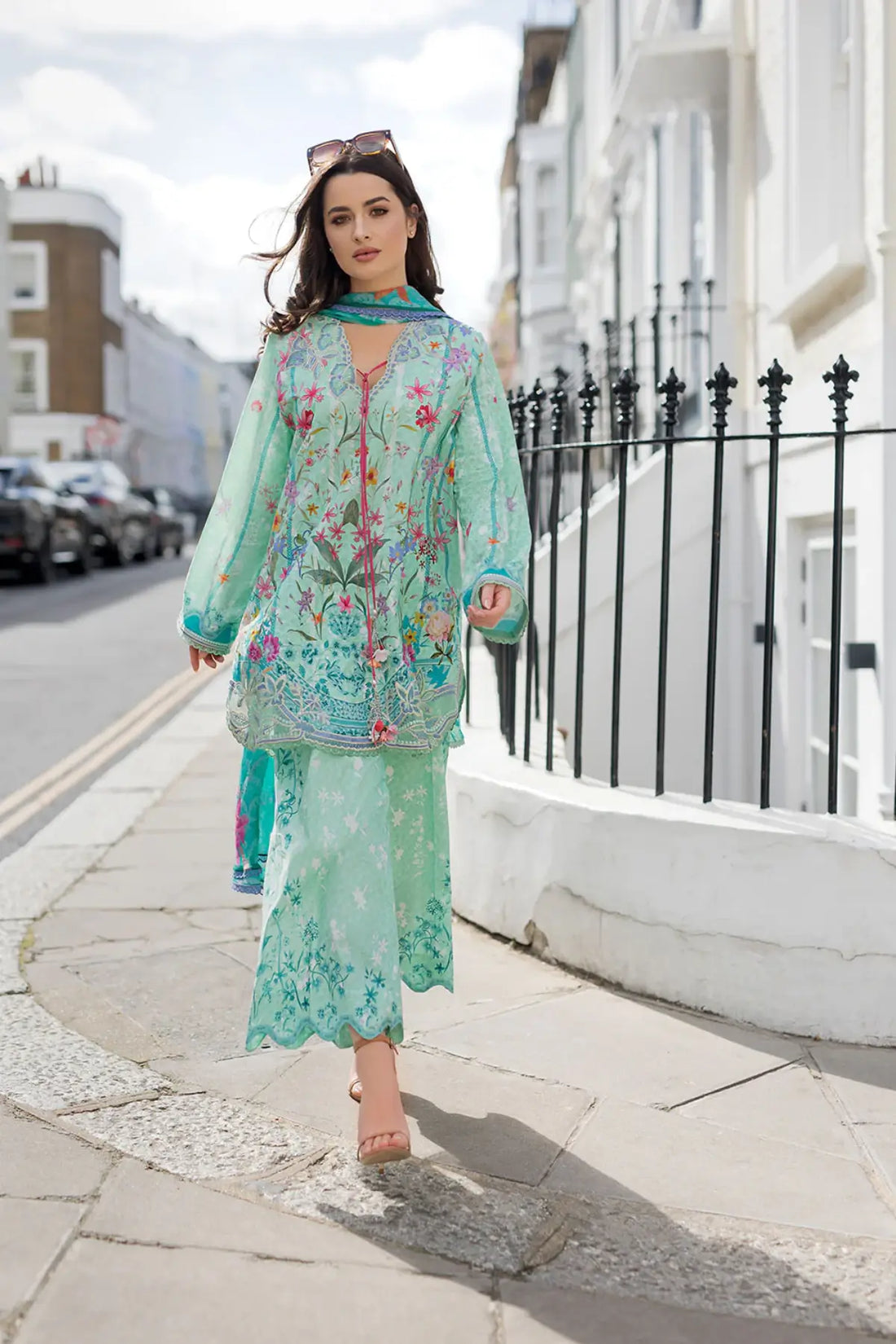 SNP26-3B aqua mint lawn stitched 3 piece suit with printed chiffon dupatta by Sobia Nazir