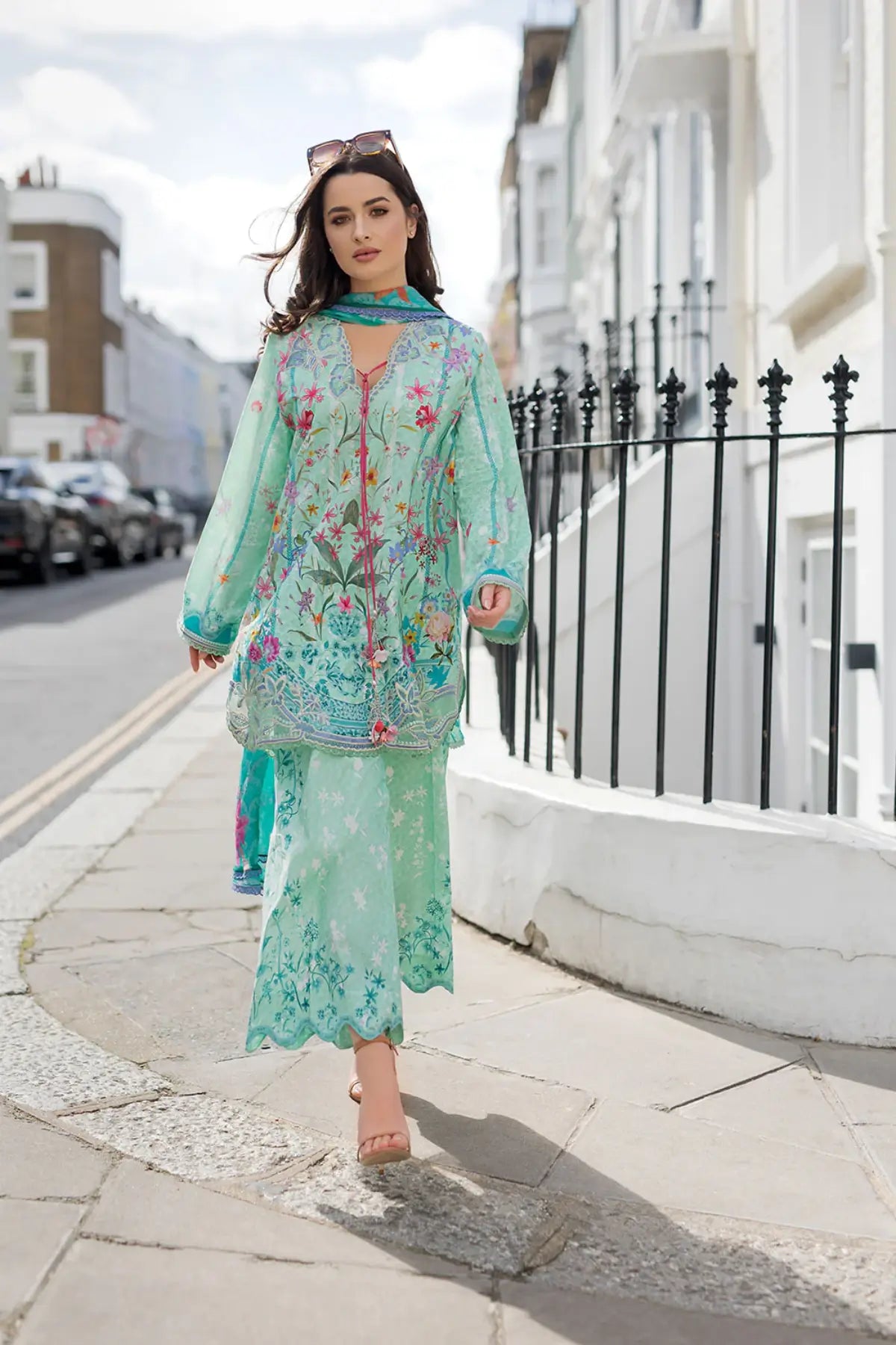 SNP26-3B aqua mint lawn stitched 3 piece suit with printed chiffon dupatta by Sobia Nazir