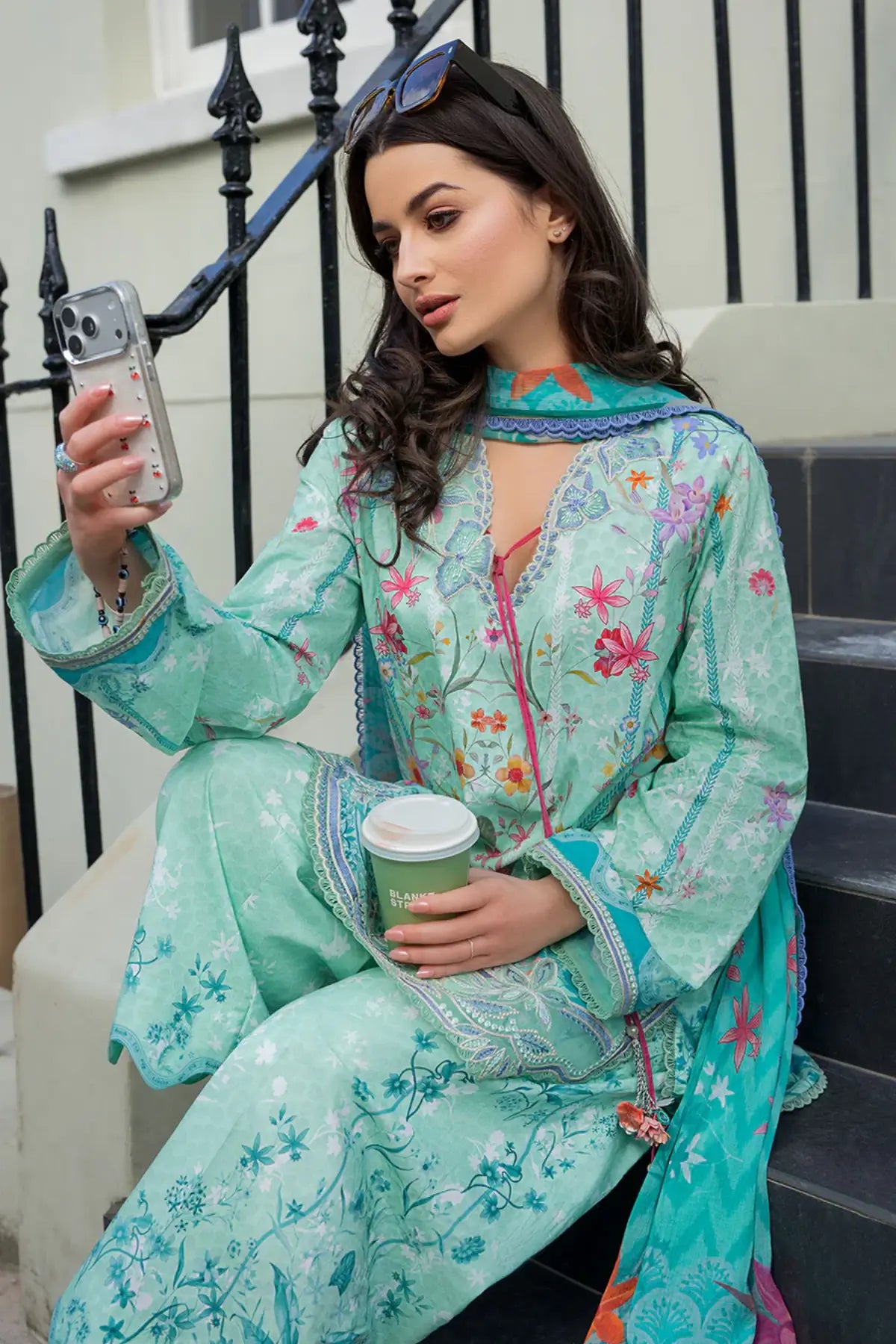 SNP26-3B aqua mint lawn stitched 3 piece suit with printed chiffon dupatta by Sobia Nazir