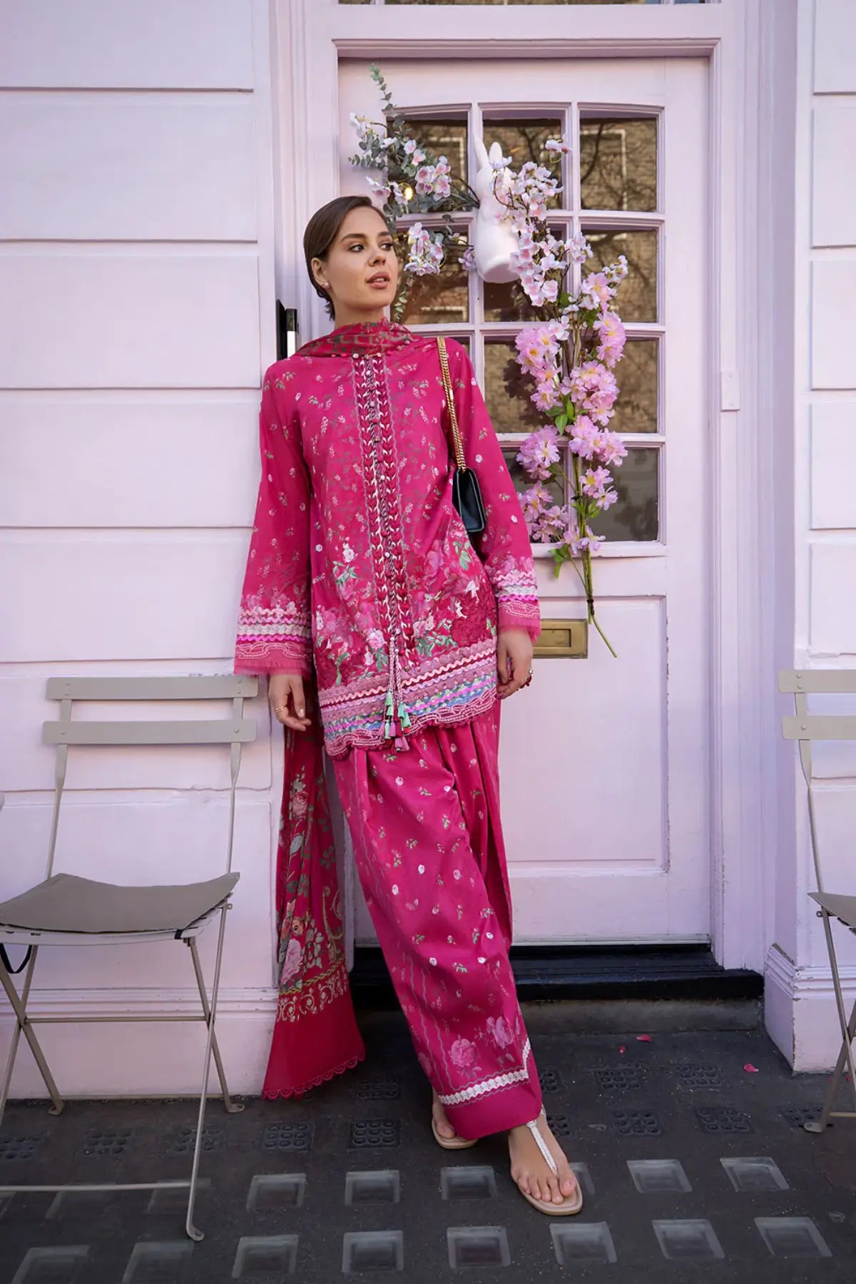 SNP26-4A magenta pink embroidered lawn stitched 3 piece suit with chiffon dupatta by Sobia Nazir