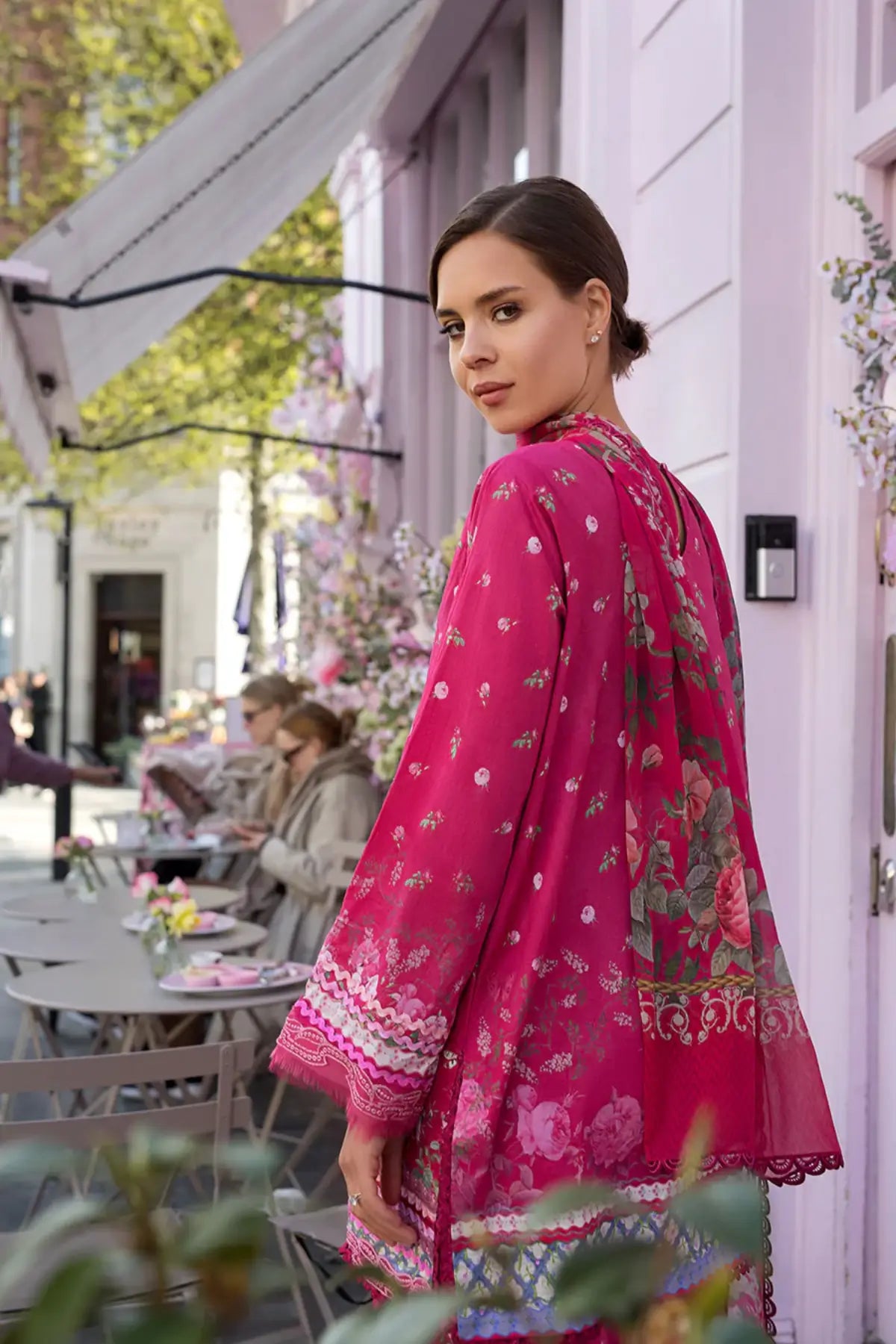 SNP26-4A magenta pink embroidered lawn stitched 3 piece suit with chiffon dupatta by Sobia Nazir