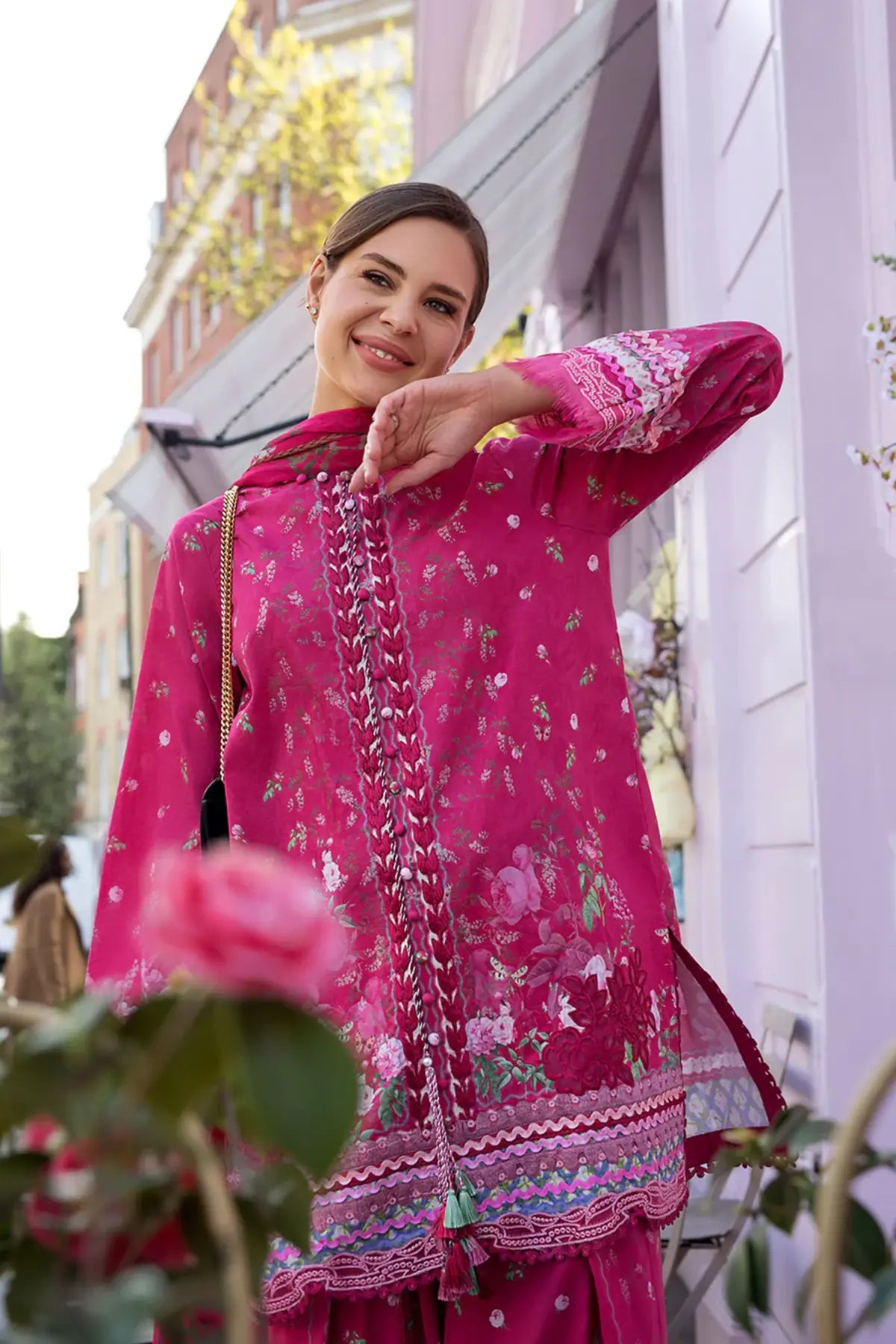 SNP26-4A magenta pink embroidered lawn stitched 3 piece suit with chiffon dupatta by Sobia Nazir