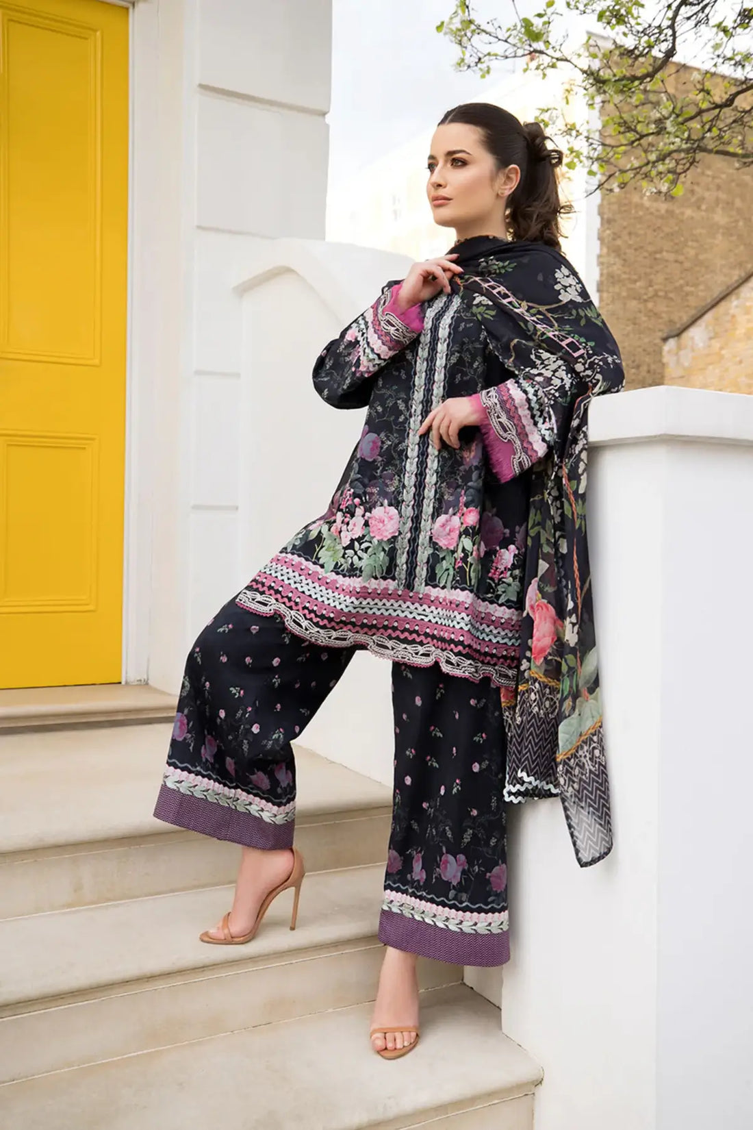 SNP26-4B black printed lawn stitched 3 piece suit with chiffon dupatta by Sobia Nazir for Eid summer and festive wear