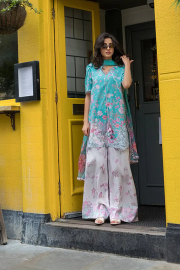 Turquoise floral lawn stitched 3PC suit SNP26-5B with chiffon dupatta by Sobia Nazir 