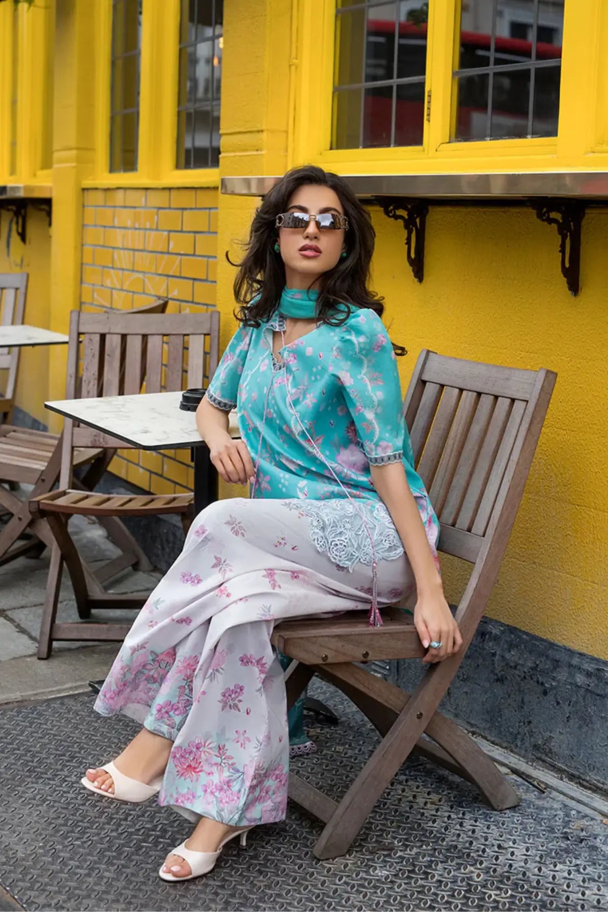 Turquoise floral lawn stitched 3PC suit SNP26-5B with chiffon dupatta by Sobia Nazir 