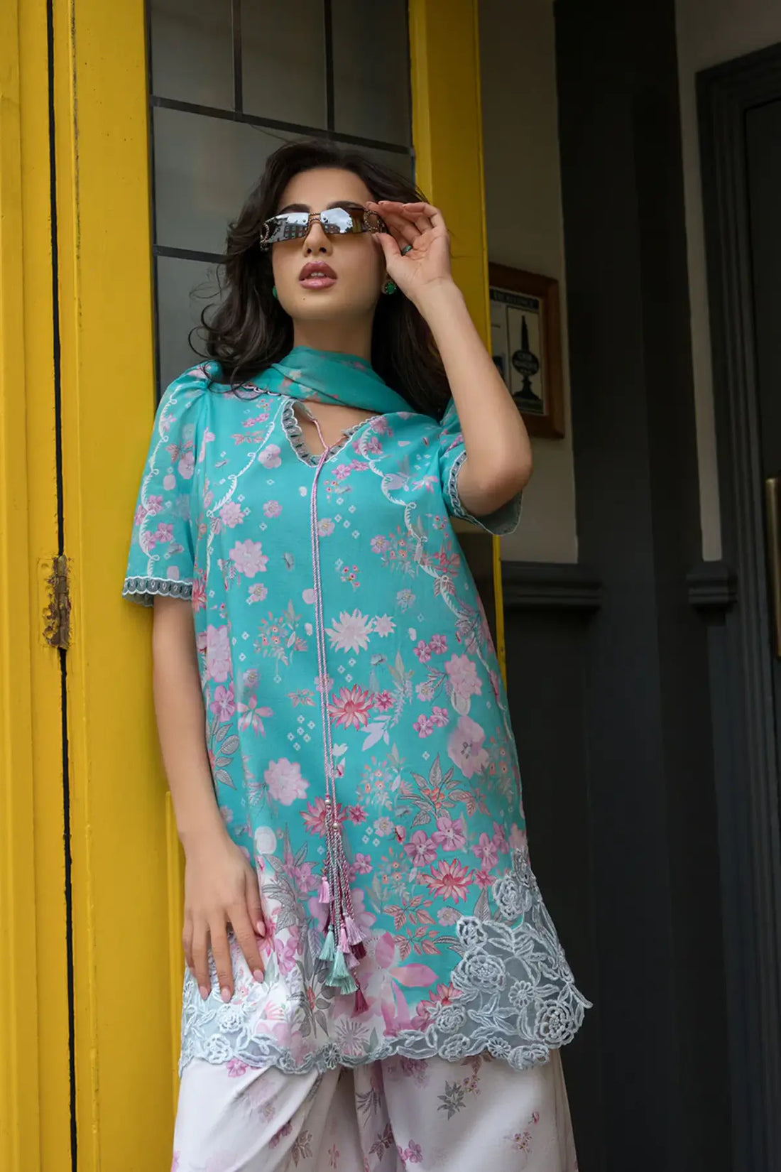 Turquoise floral lawn stitched 3PC suit SNP26-5B with chiffon dupatta by Sobia Nazir 