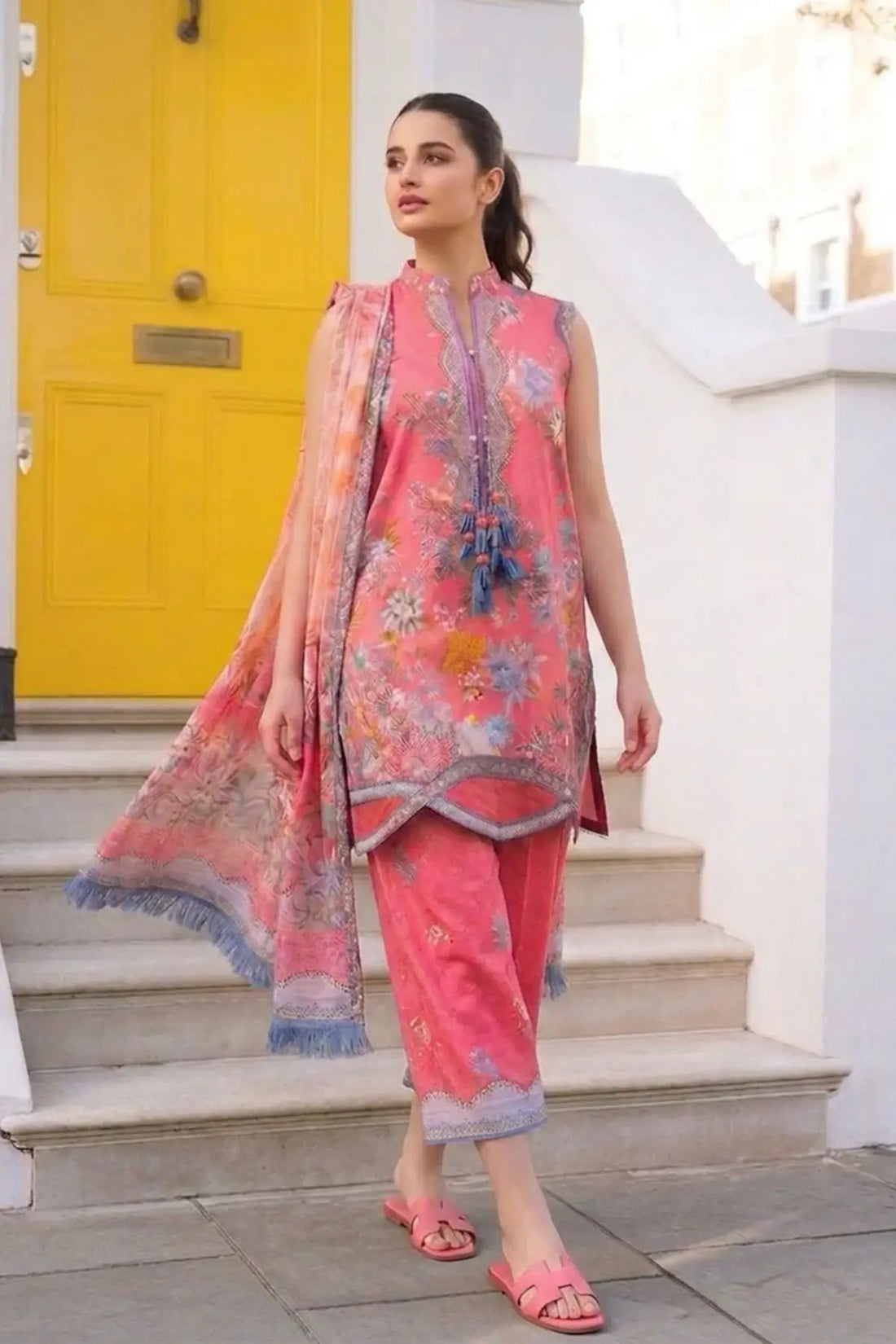 SNP26-6B coral floral lawn stitched 3 piece suit with chiffon dupatta by Sobia Nazir for summer Eid and festive occasions
