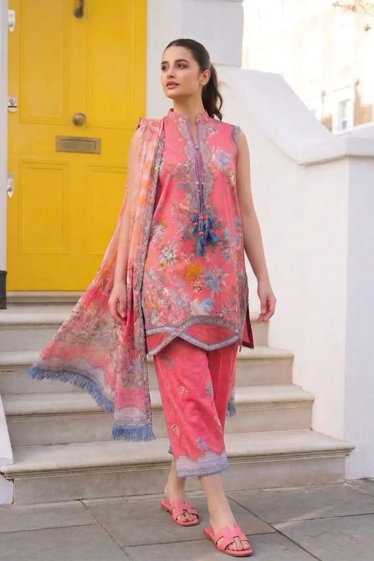 SNP26-6B coral floral lawn stitched 3 piece suit with chiffon dupatta by Sobia Nazir for summer Eid and festive occasions