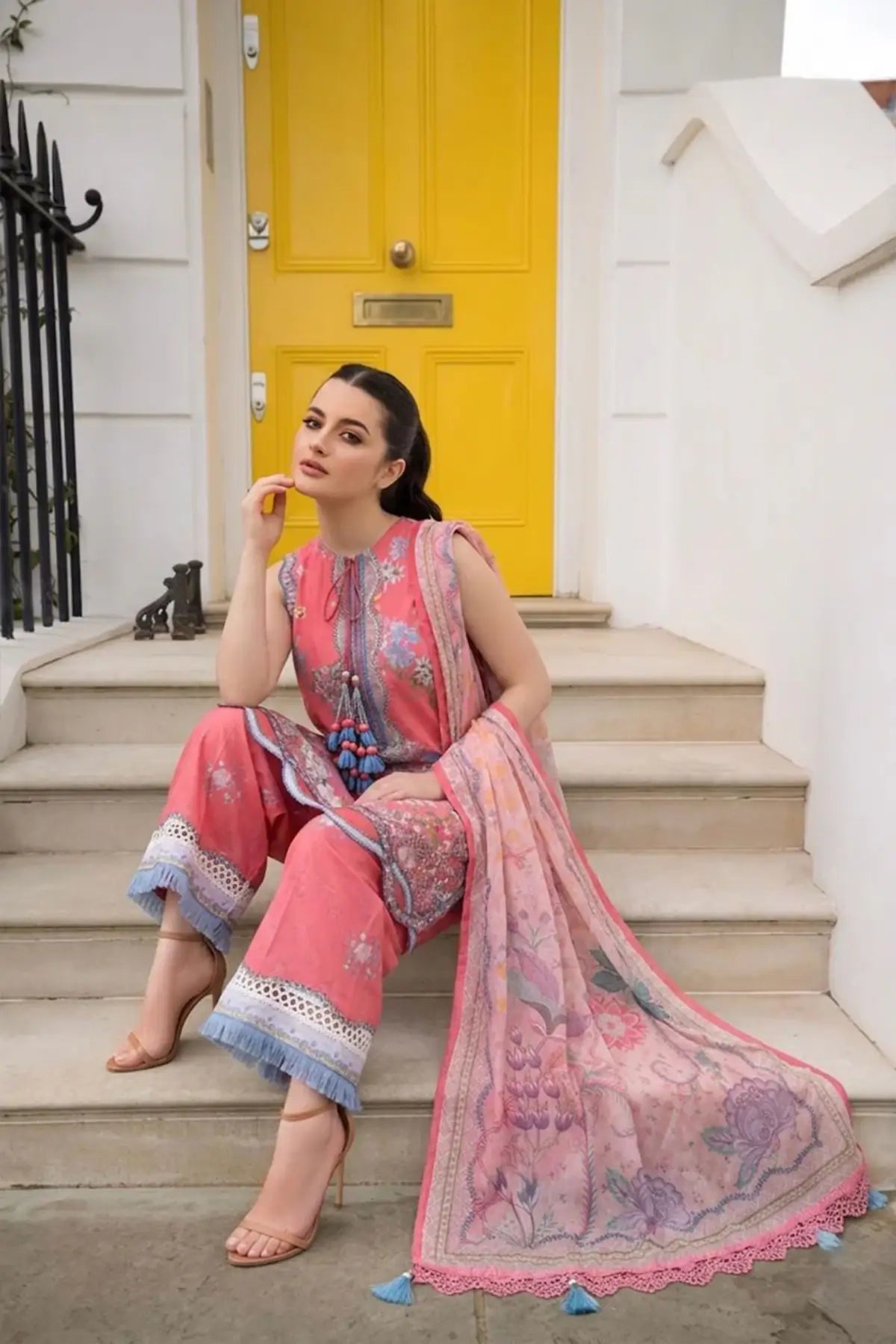 SNP26-6B coral floral lawn stitched 3 piece suit with chiffon dupatta by Sobia Nazir for summer Eid and festive occasions