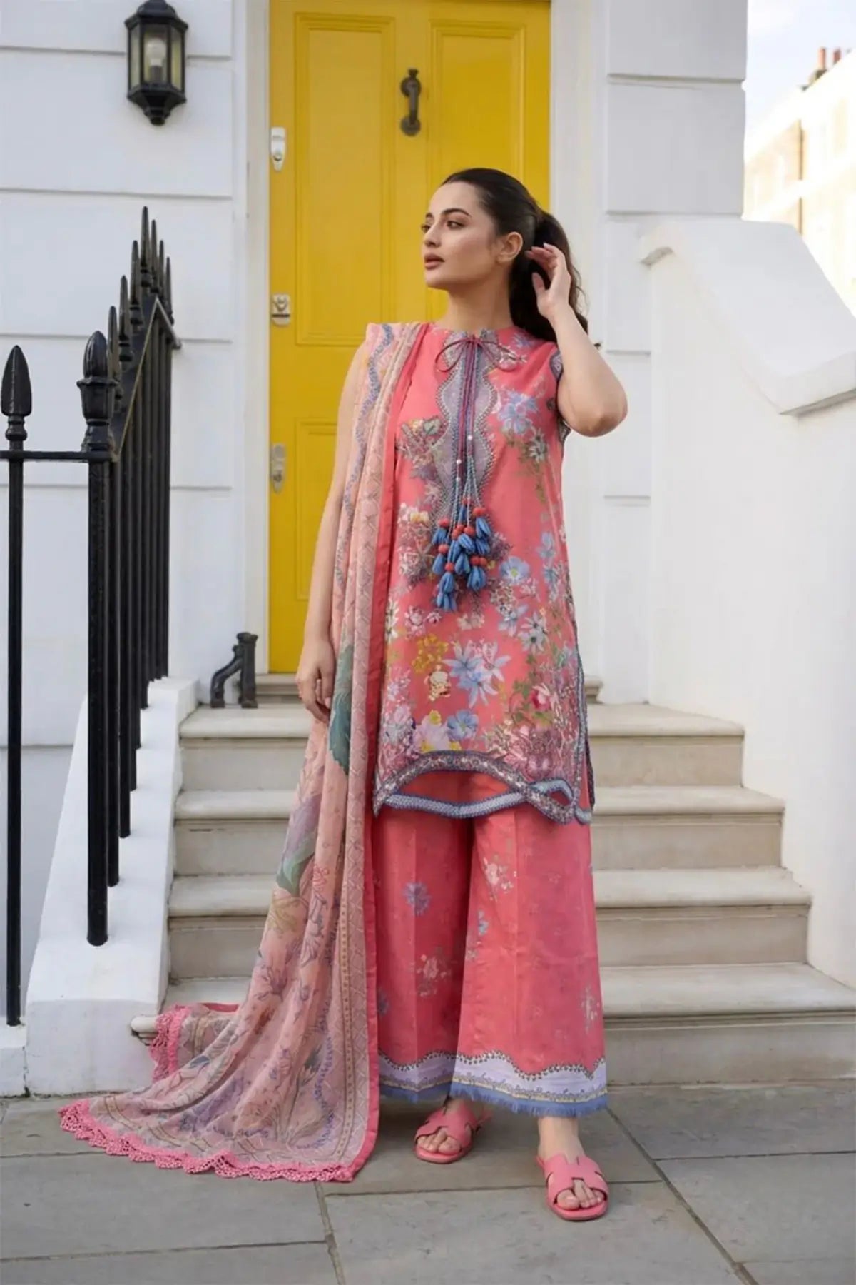 SNP26-6B coral floral lawn stitched 3 piece suit with chiffon dupatta by Sobia Nazir for summer Eid and festive occasions
