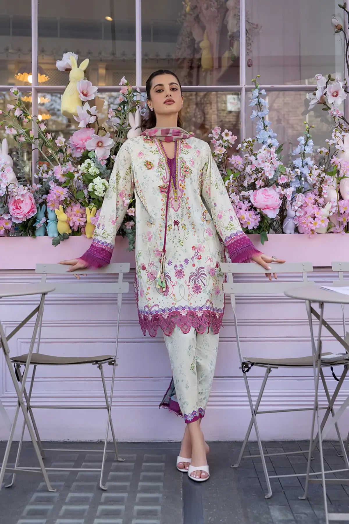 SNP26-7B cream lawn stitched 3 piece suit with chiffon dupatta by Sobia Nazir for Eid summer and festive wear