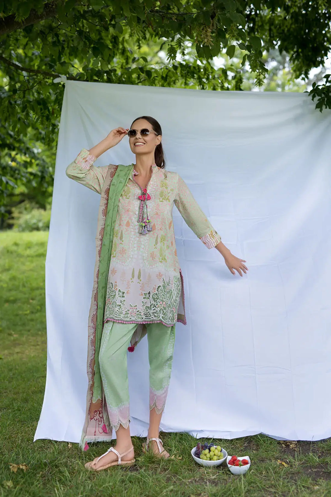 SNP26V2-2A Sobia Nazir Mint Green Stitched Lawn 3PC Suit with Printed Chiffon Dupatta