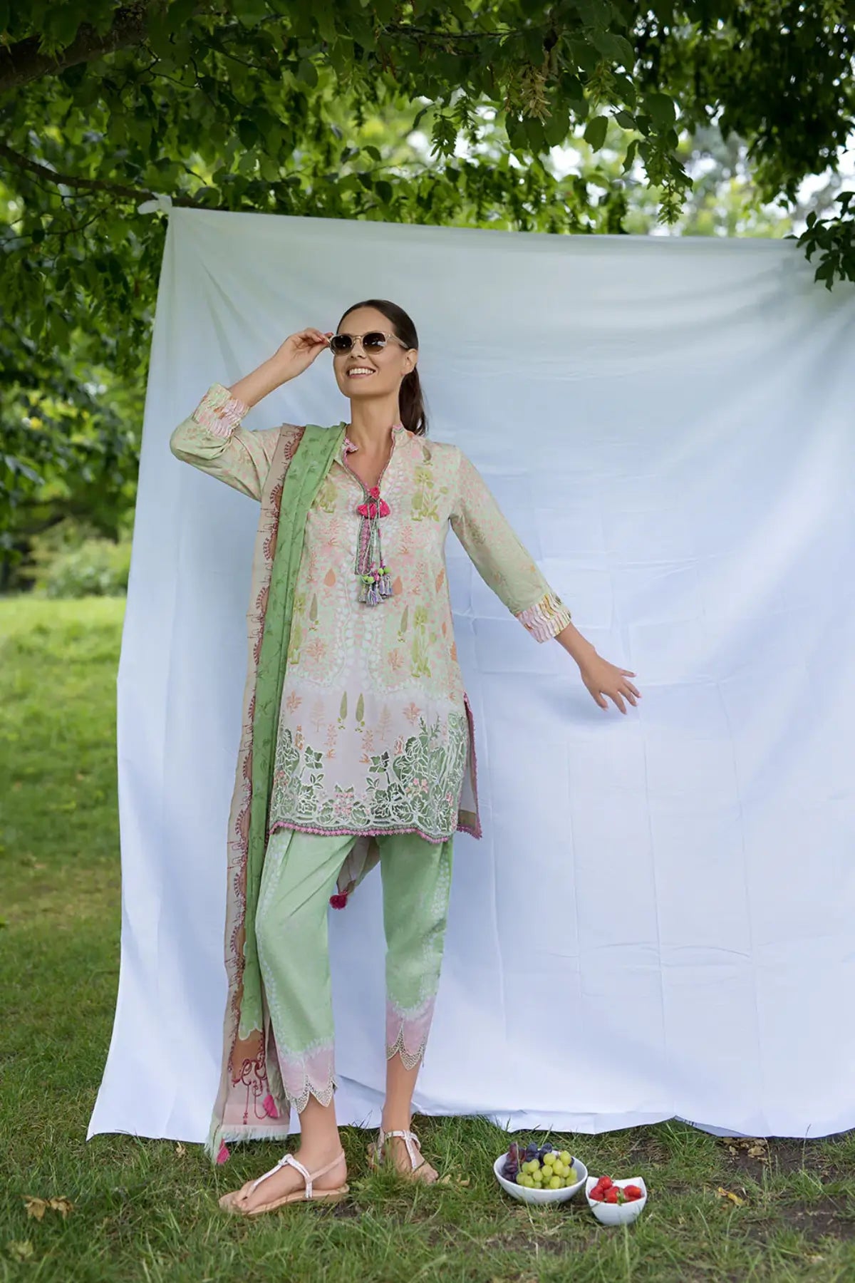 SNP26V2-2A Sobia Nazir Mint Green Stitched Lawn 3PC Suit with Printed Chiffon Dupatta