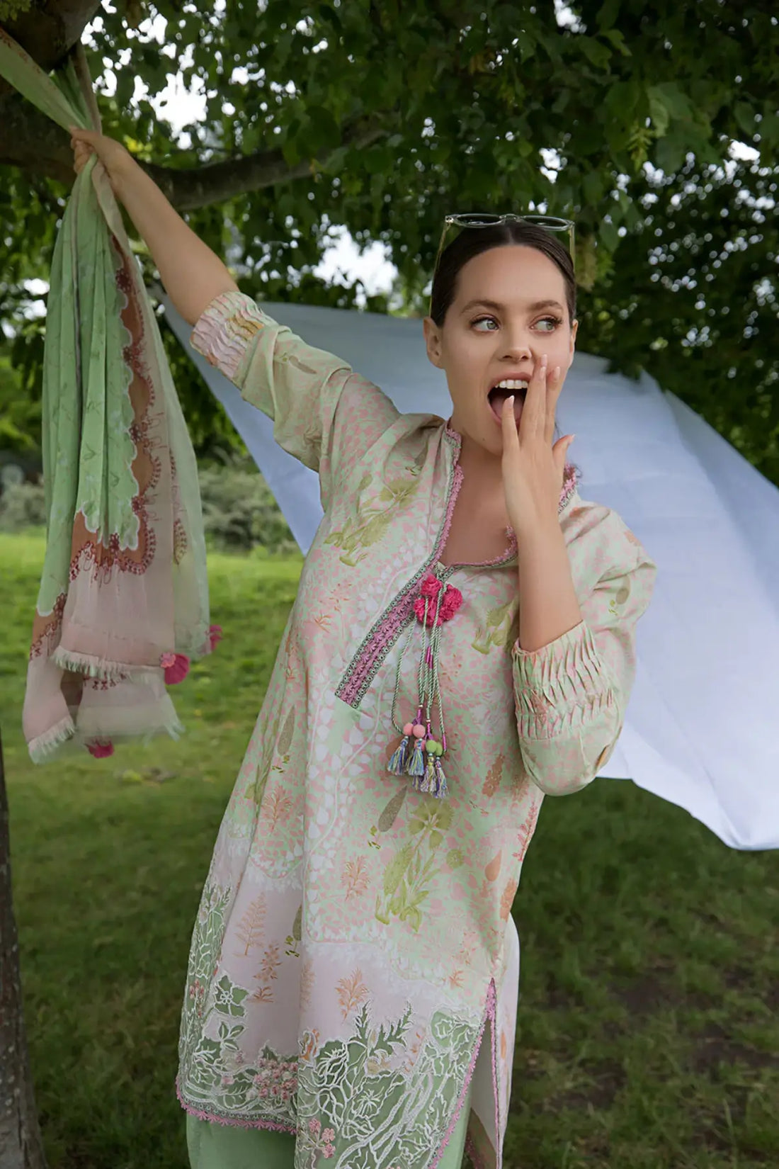 SNP26V2-2A Sobia Nazir Mint Green Stitched Lawn 3PC Suit with Printed Chiffon Dupatta