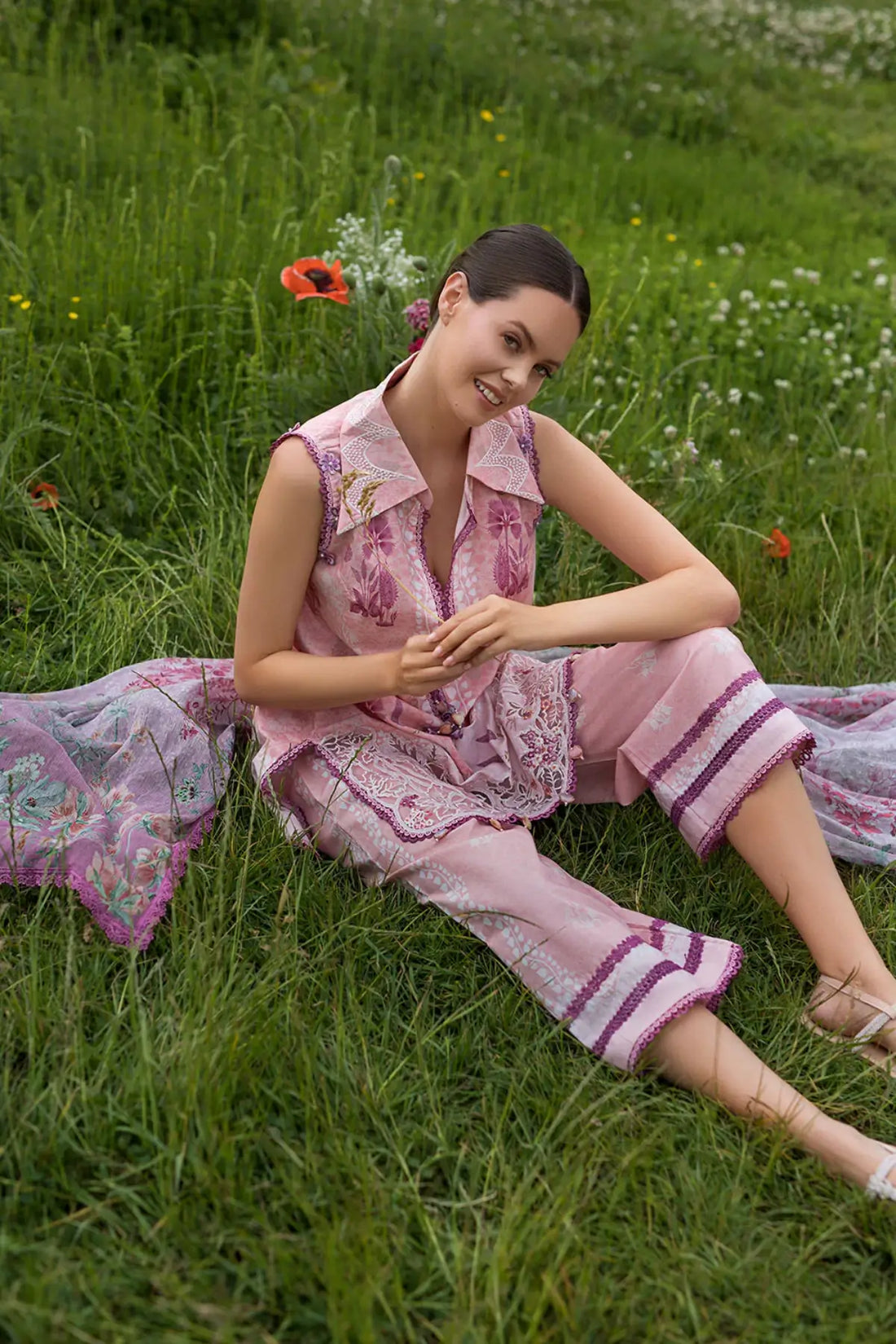 SNP26V2-2B Sobia Nazir Printed Dusty Rose Stitched Lawn 3PC Suit with Printed Chiffon Dupatta