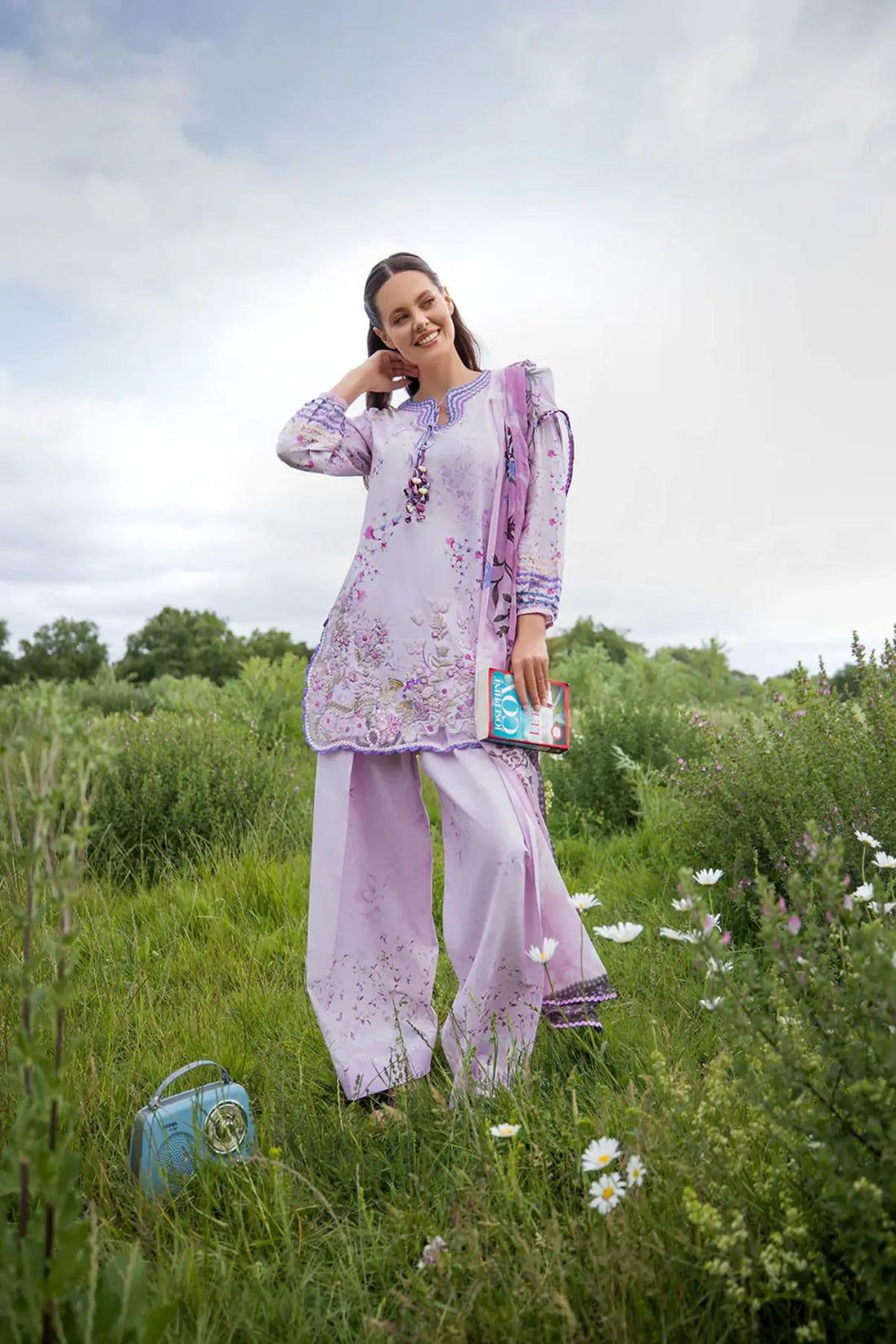 SNP26V2-3A Sobia Nazir Printed Lilac Stitched Lawn 3PC Suit with Printed Chiffon Dupatta