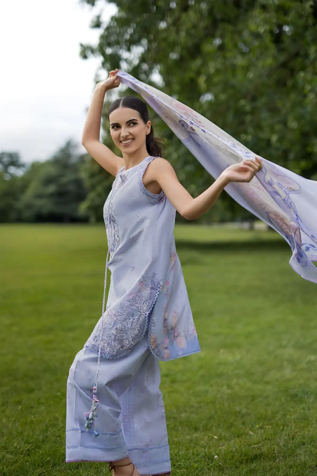 SNP26V2-6A Sobia Nazir Periwinkle Blue Stitched Lawn 3PC Suit with Printed Chiffon Dupatta