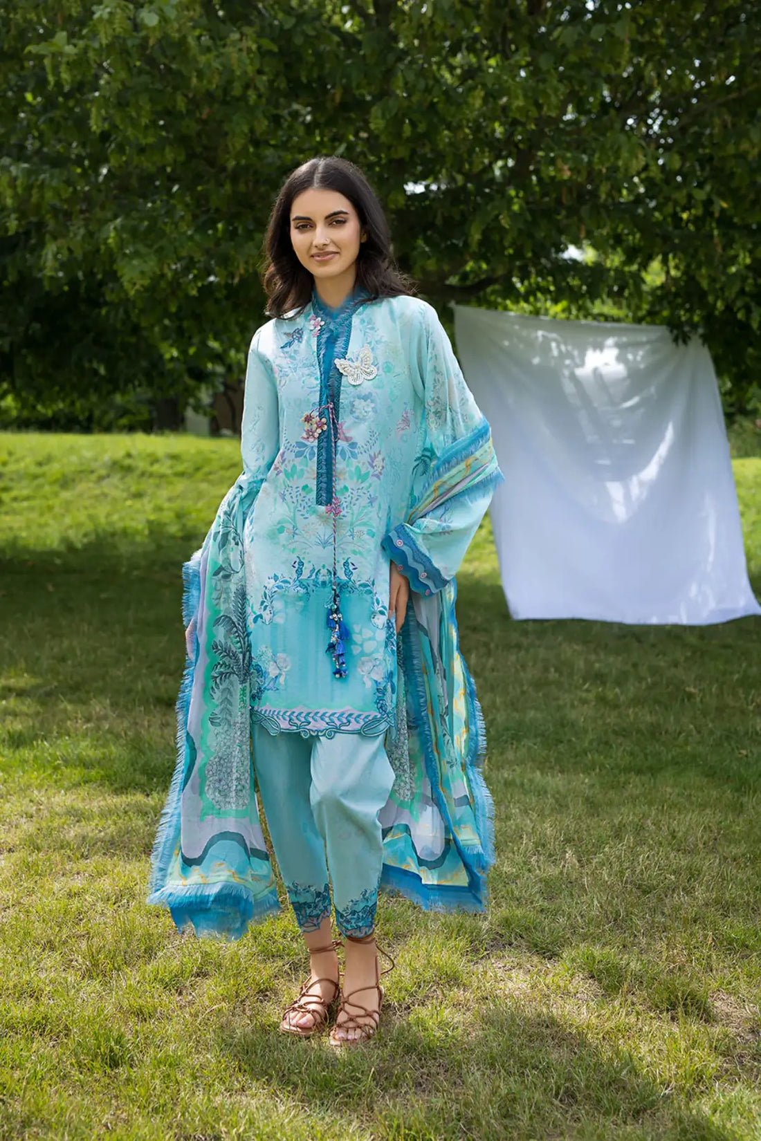 SNP26V2-7B Sobia Nazir Summer Turquoise Stitched Lawn Suit with Printed Chiffon Dupatta