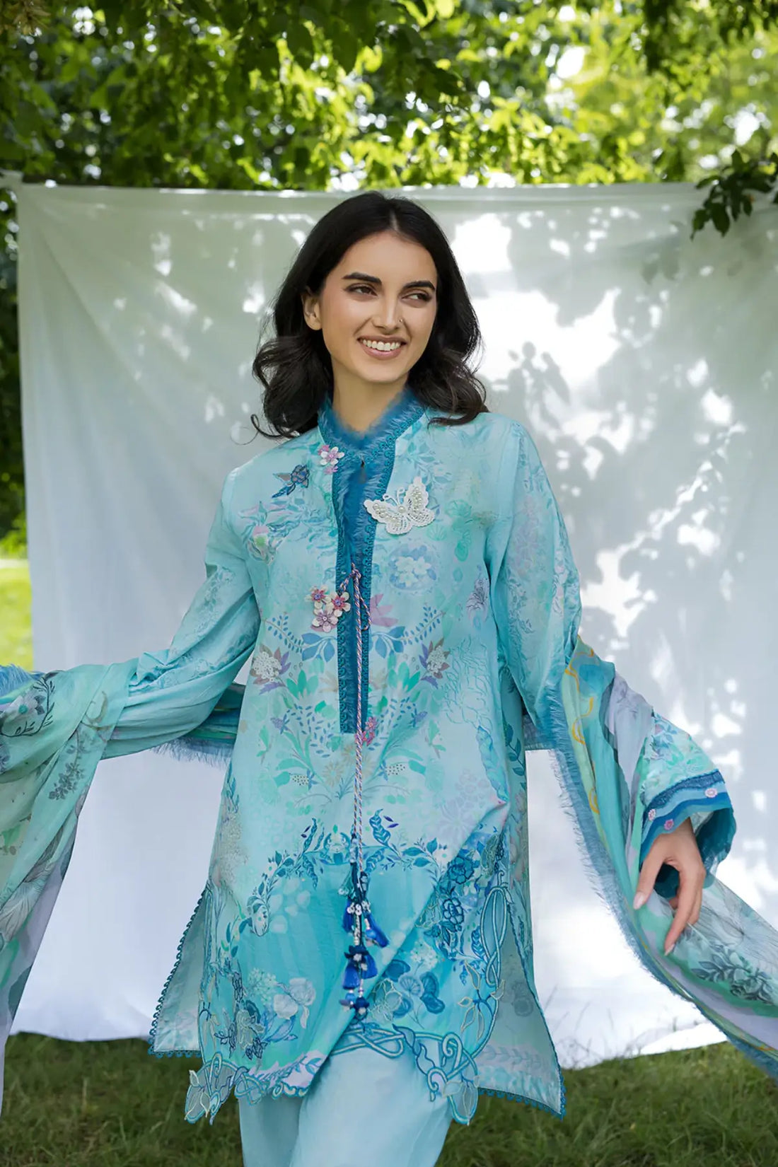 SNP26V2-7B Sobia Nazir Summer Turquoise Stitched Lawn Suit with Printed Chiffon Dupatta